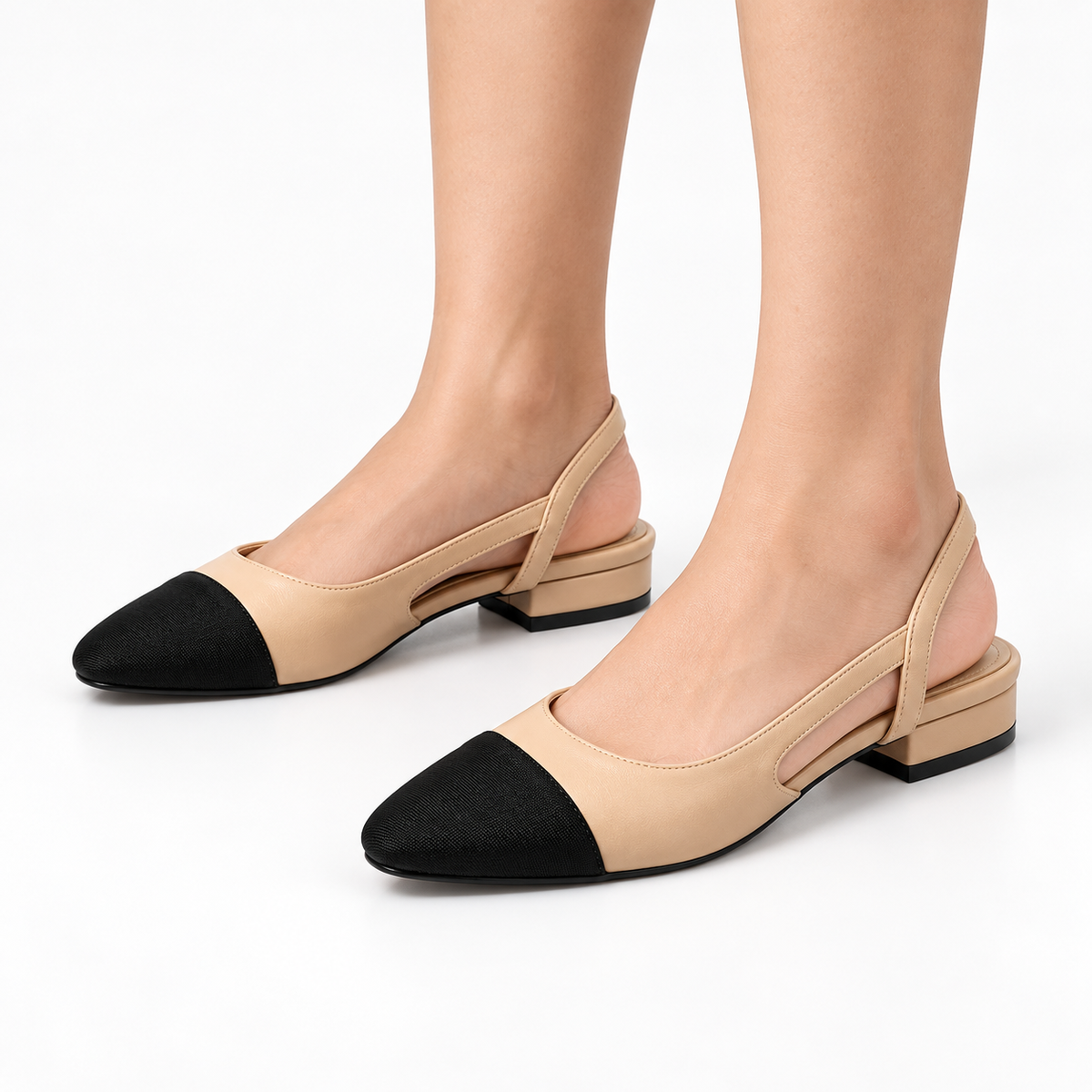 Two-Tone Slingback Flats — Beige/Black — worn view