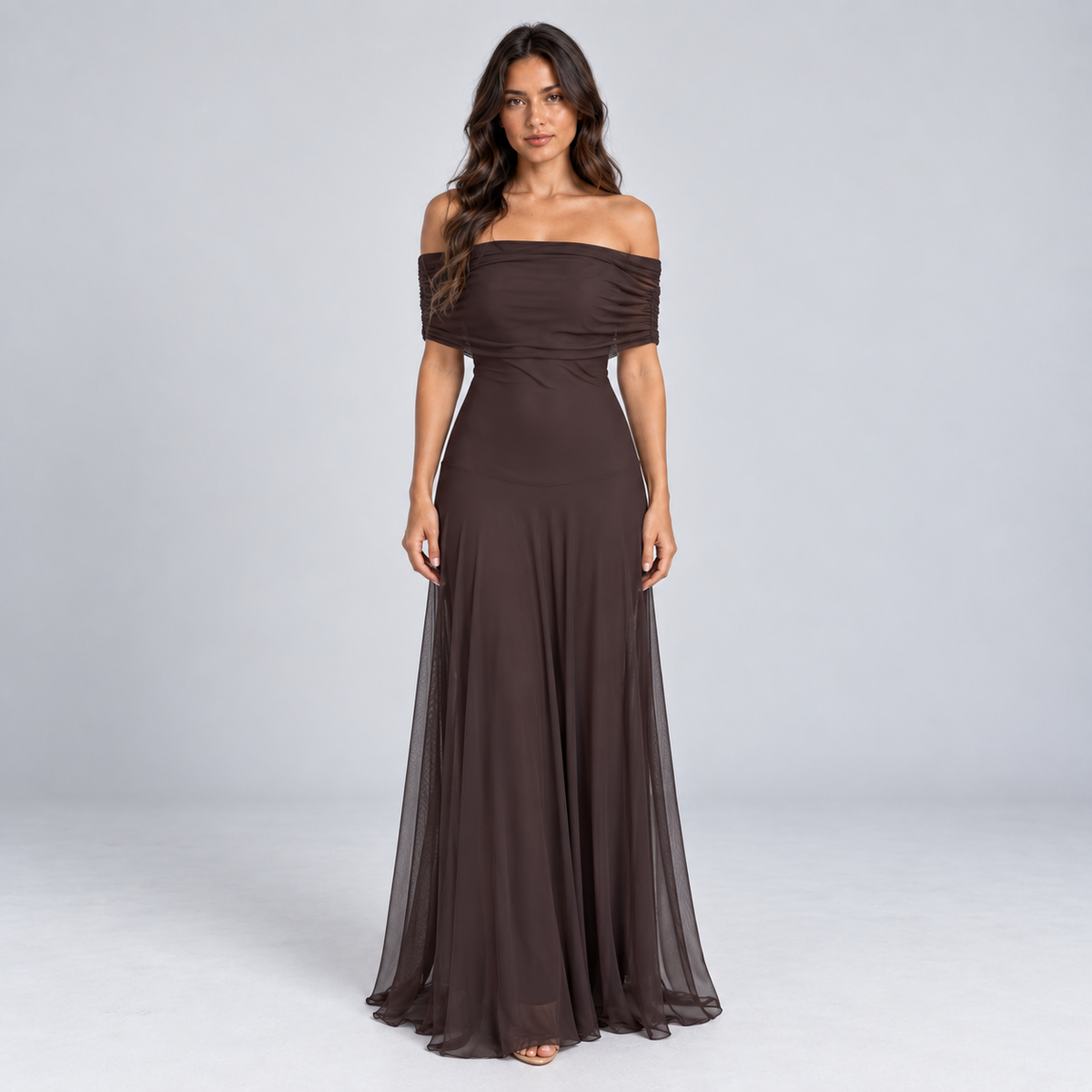 Women's Off-Shoulder Sheer Mesh Maxi Dress