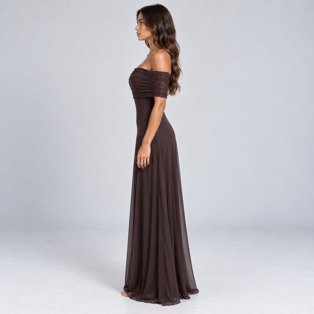 Women's Off-Shoulder Sheer Mesh Maxi Dress