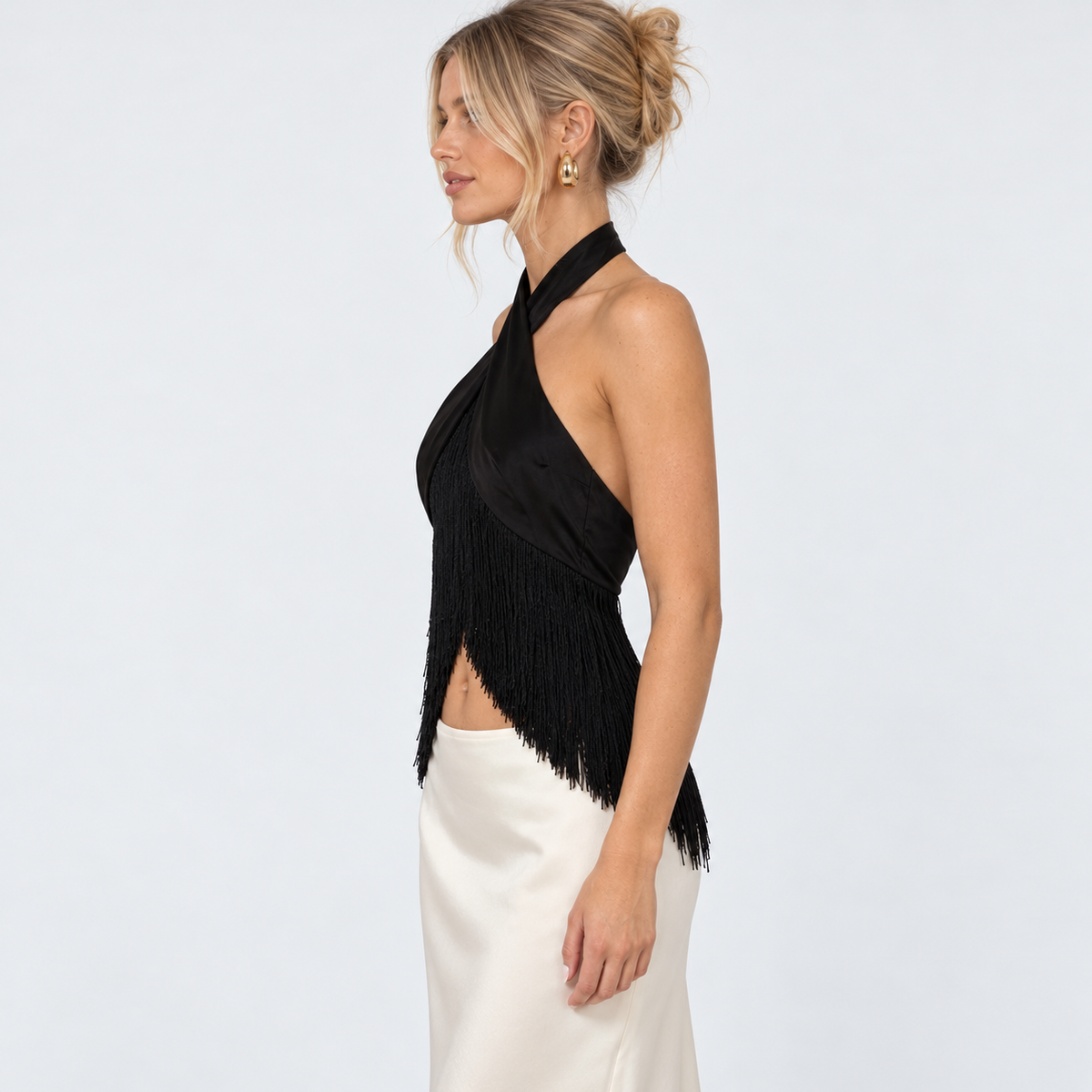 Satin Fringed Halter Top