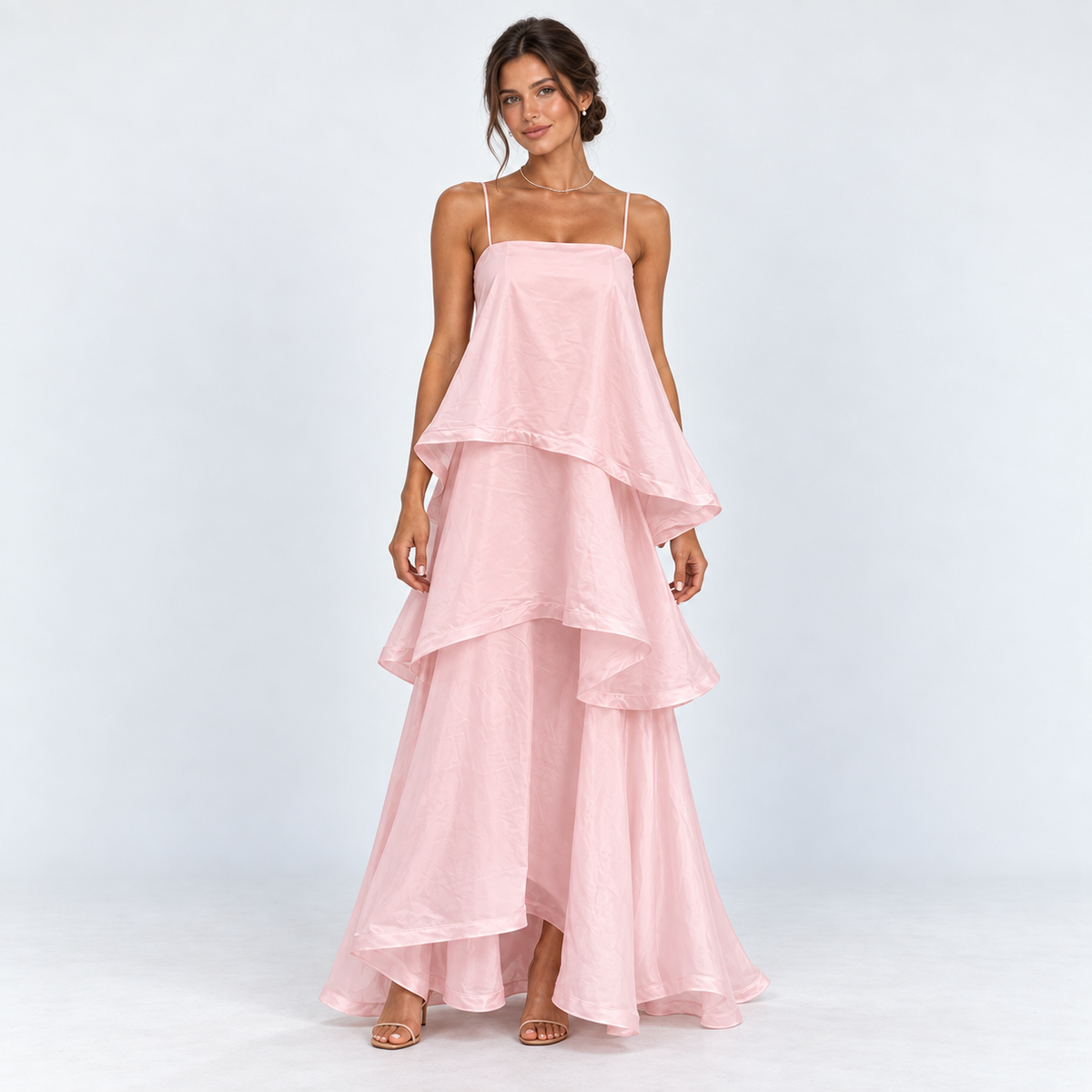 Women's Layered Ruffle Maxi Dress — Pink — front view