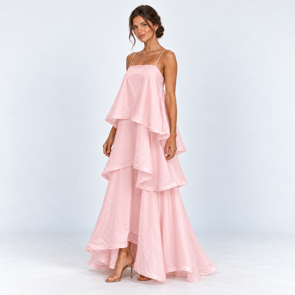 Women's Layered Ruffle Maxi Dress — Pink — front 45 degree view