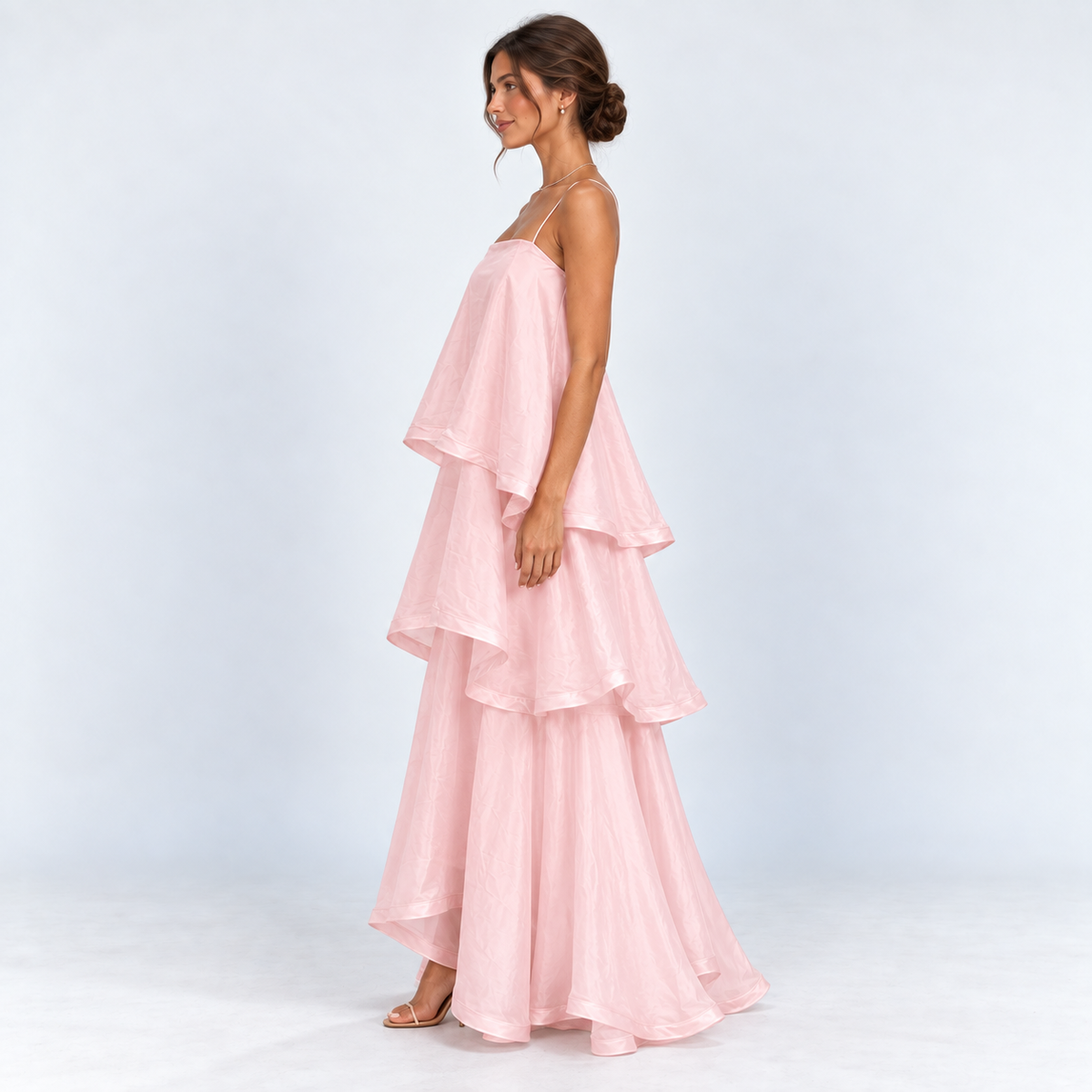 Women's Layered Ruffle Maxi Dress — Pink — side view