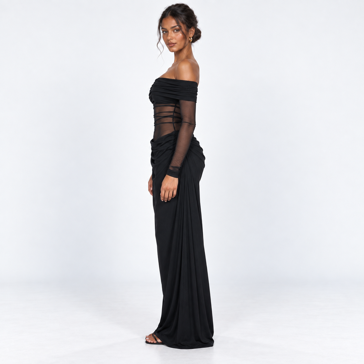 Women's Long-Sleeve Ruched Mesh Maxi Dress — Black — side view