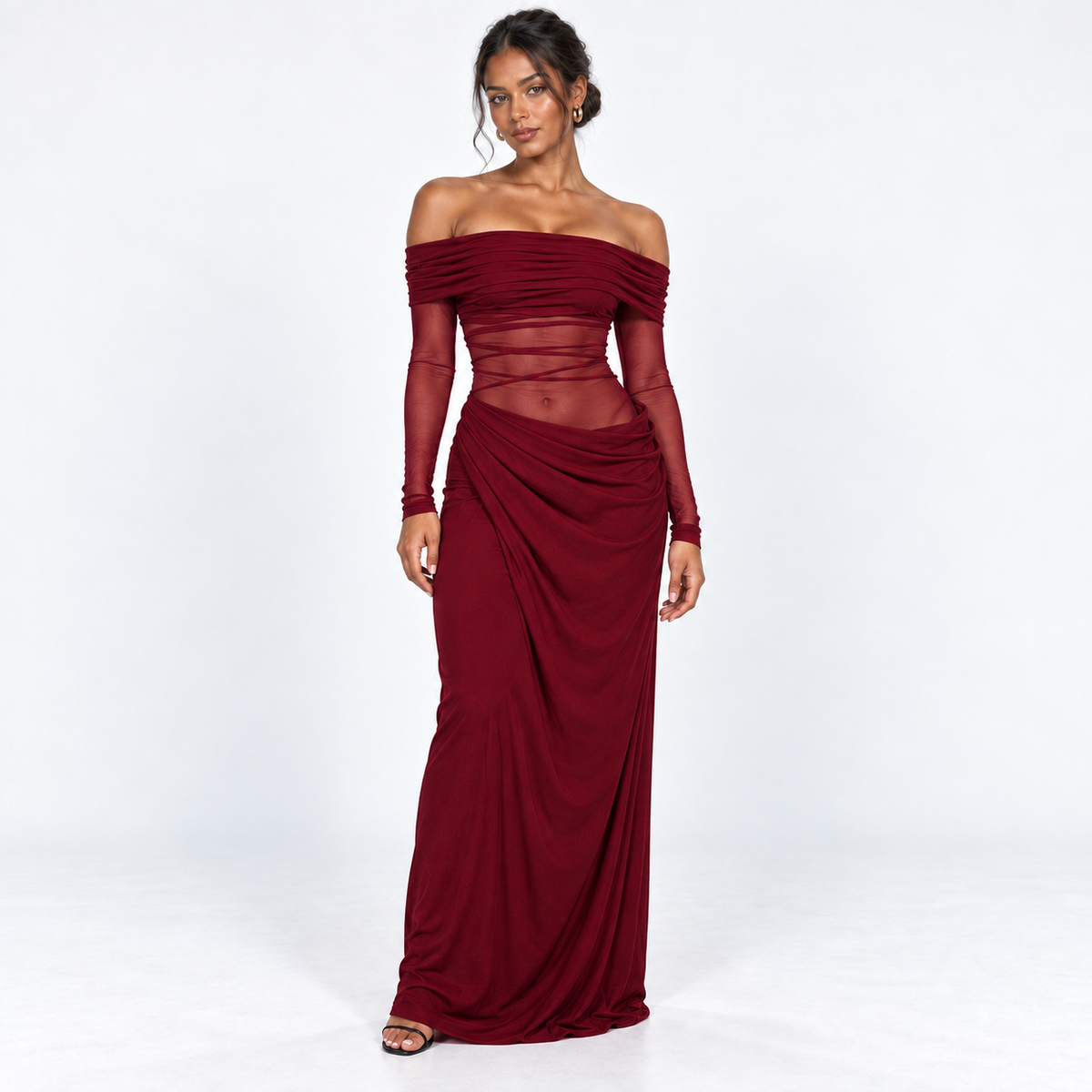 Women's Long-Sleeve Ruched Mesh Maxi Dress — Claret — front view