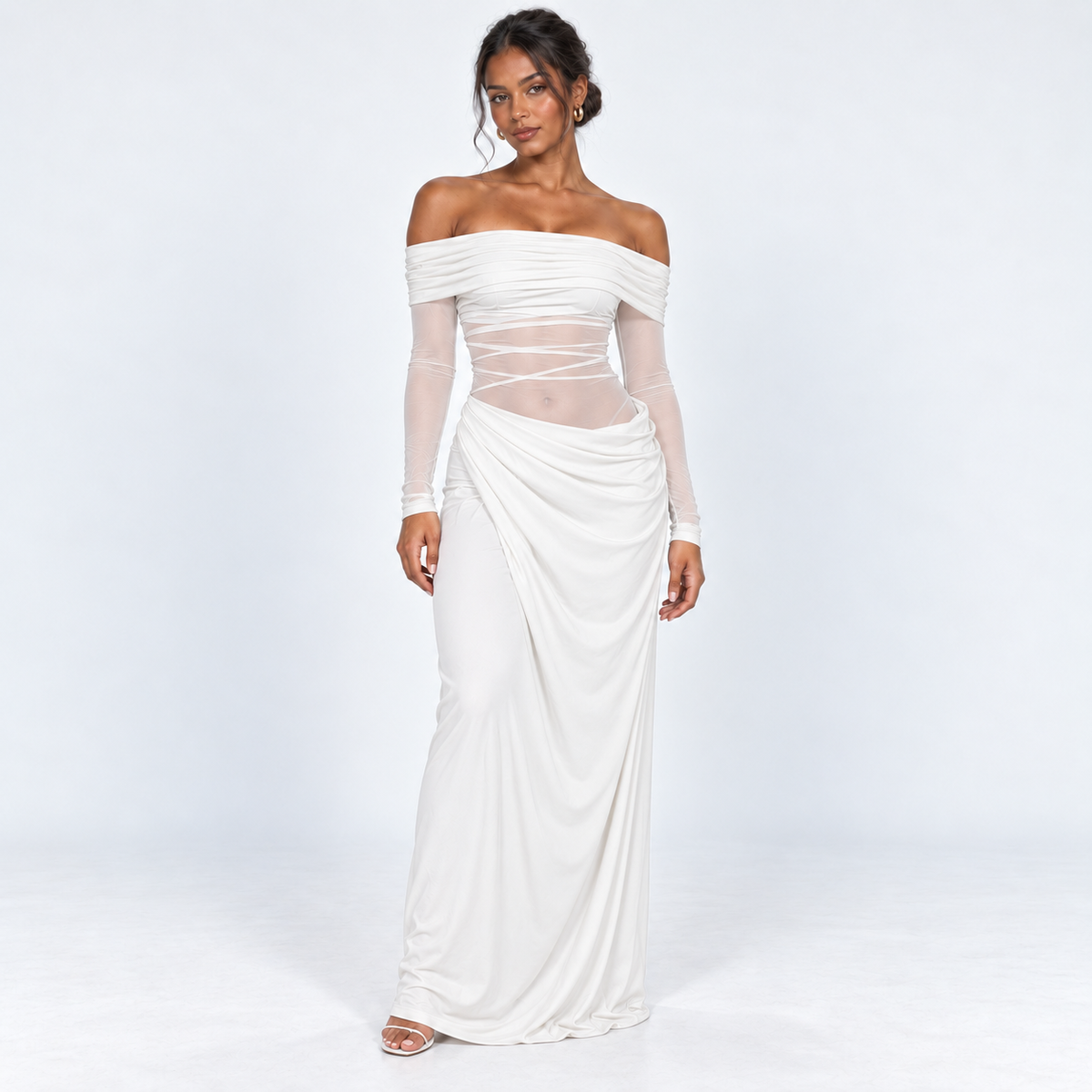 Women's Long-Sleeve Ruched Mesh Maxi Dress — White — front view