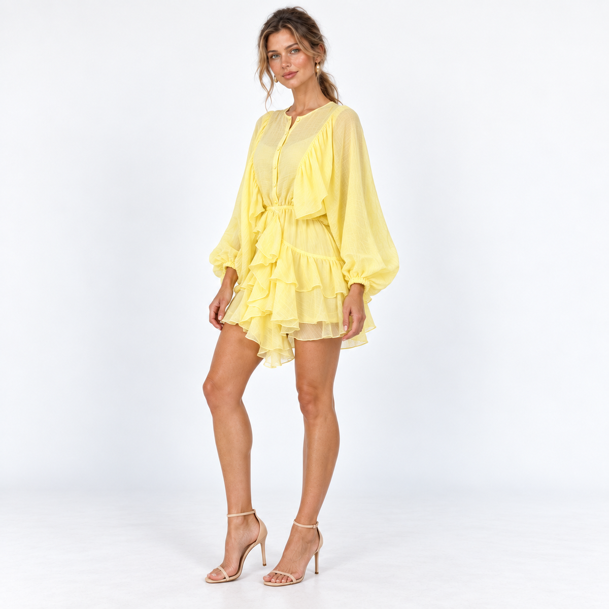 Women's Balloon-Sleeve Ruffle Mini Dress — Yellow — front45 view