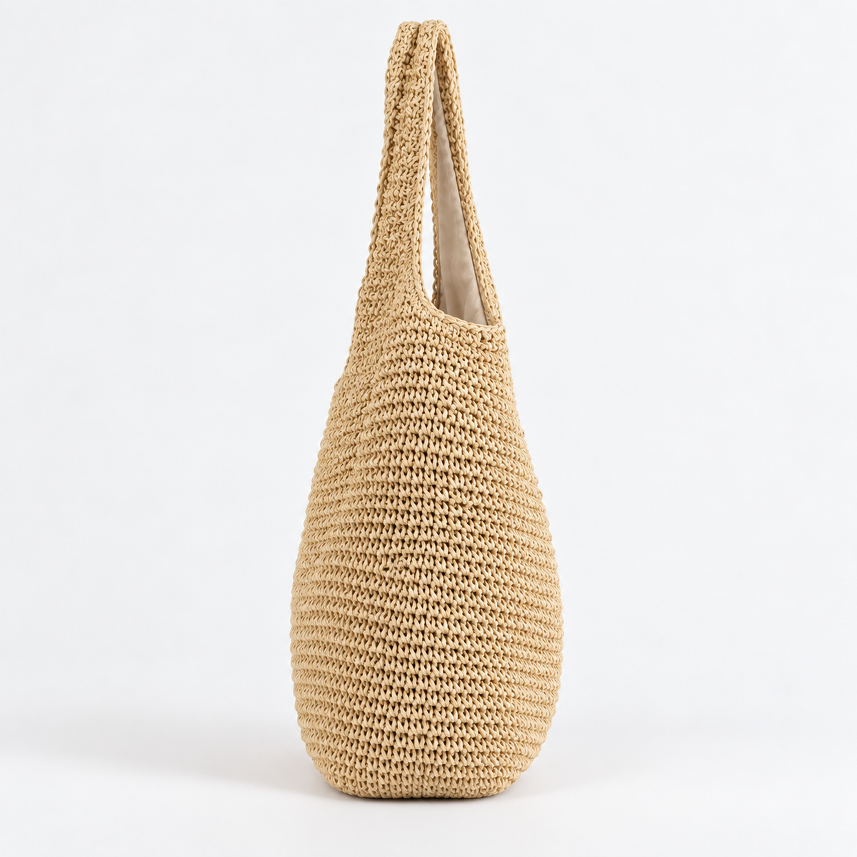 Woven Shoulder Tote Bag — Beige — side view