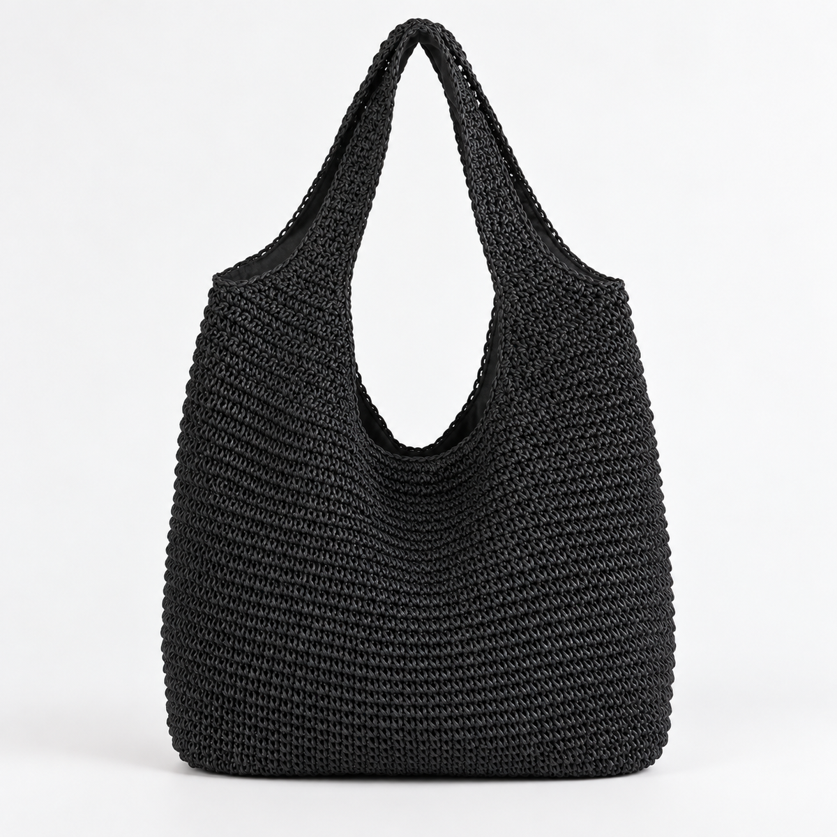 Woven Shoulder Tote Bag — Black — front view