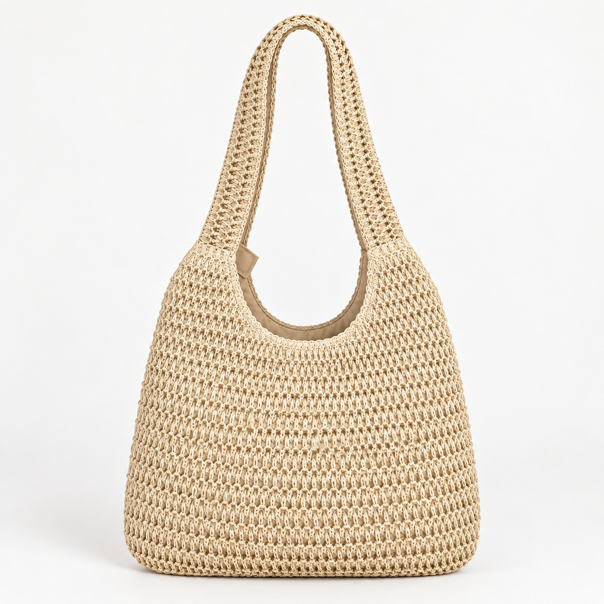 Open-Weave Shoulder Tote Bag — Beige — front view