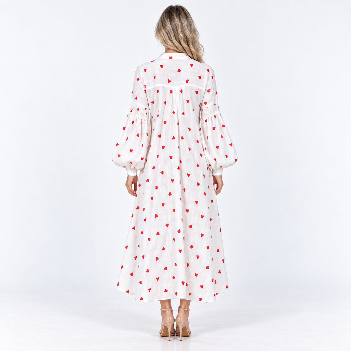 Women's Heart-Print Puff-Sleeve Midi Dress — White — back view