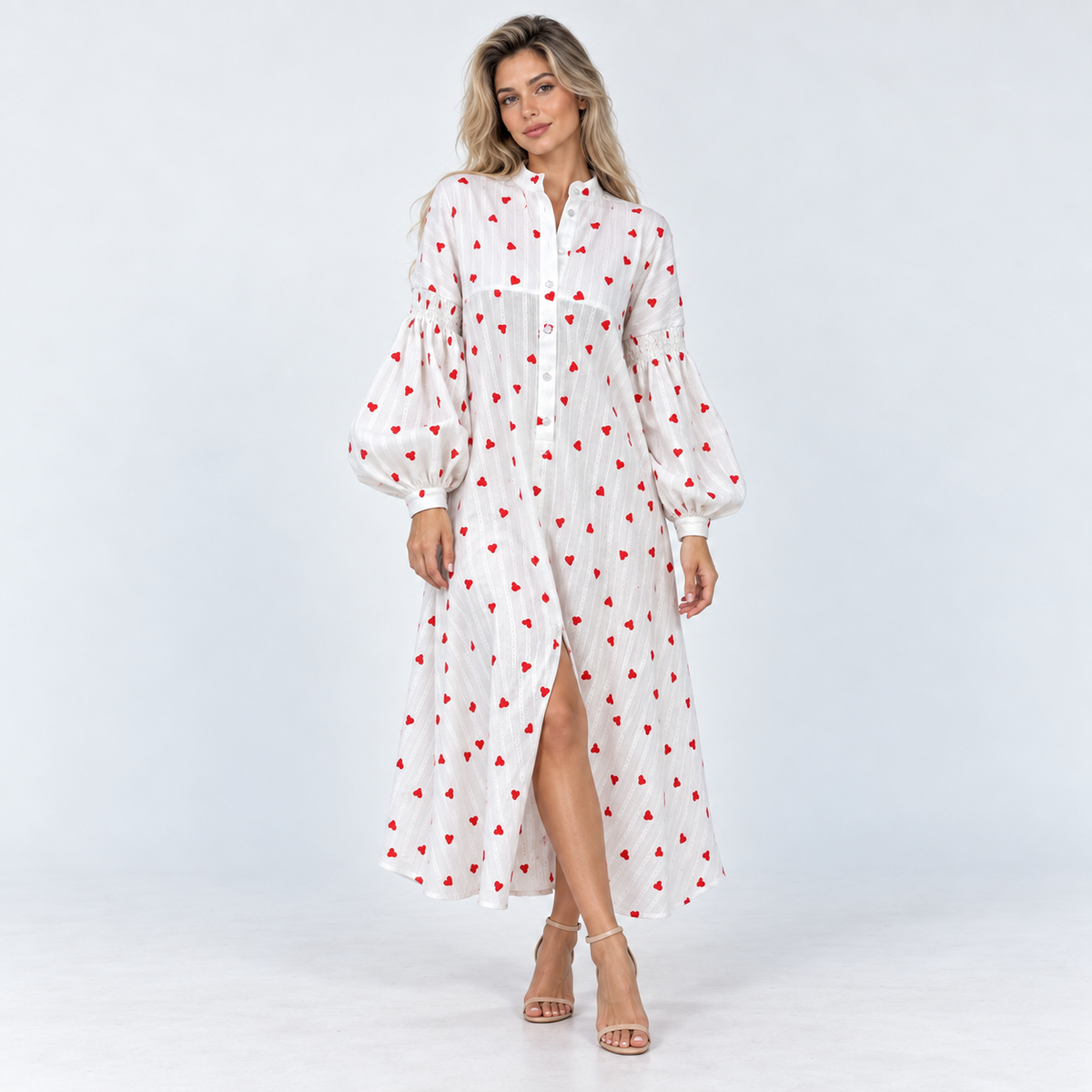 Women's Heart-Print Puff-Sleeve Midi Dress — White — front view