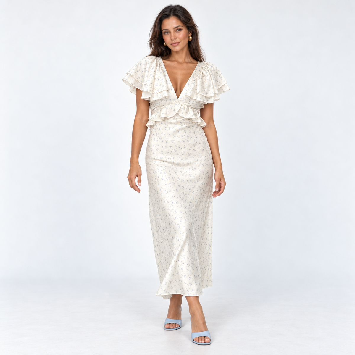 Women's Floral Flutter-Sleeve Midi Dress — Floral — front view