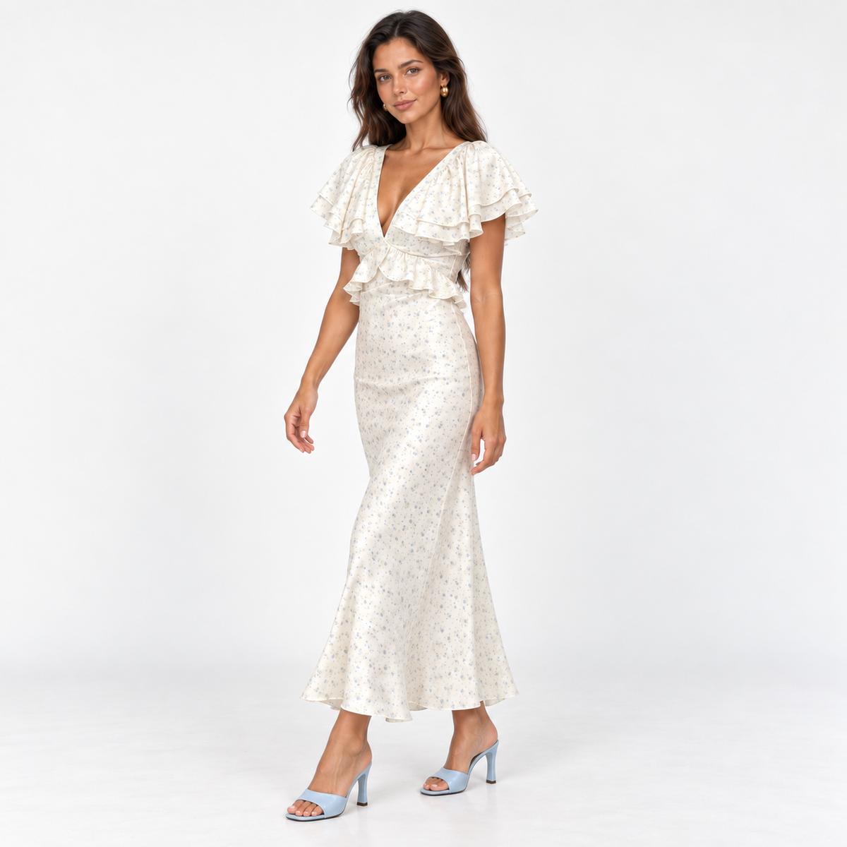 Women's Floral Flutter-Sleeve Midi Dress — Floral — front45 view