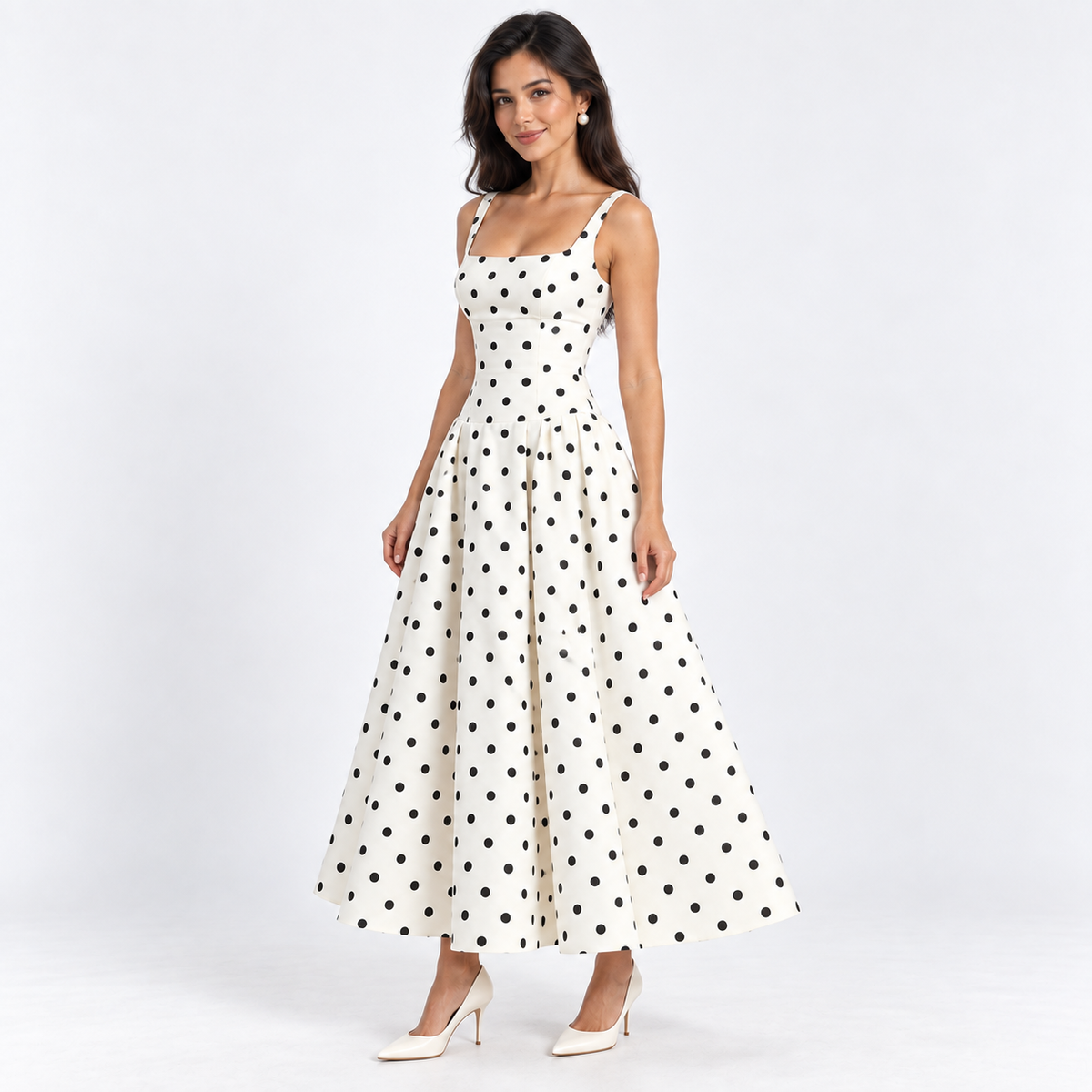 Women's Polka Dot Square-Neck Midi Dress — Polka Dot — front45 view