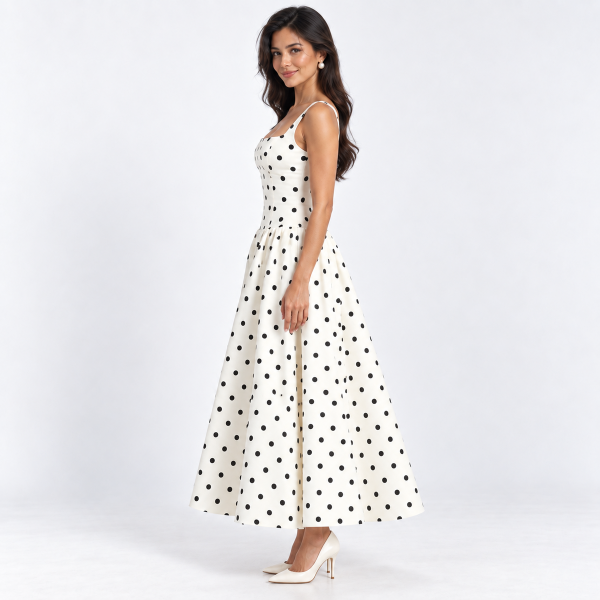 Women's Polka Dot Square-Neck Midi Dress — Polka Dot — side view