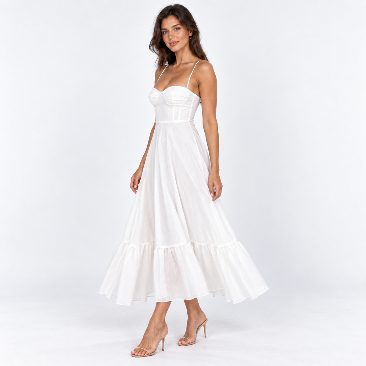 Women's Fine-Strap Flowing Midi Dress — White — front45 view