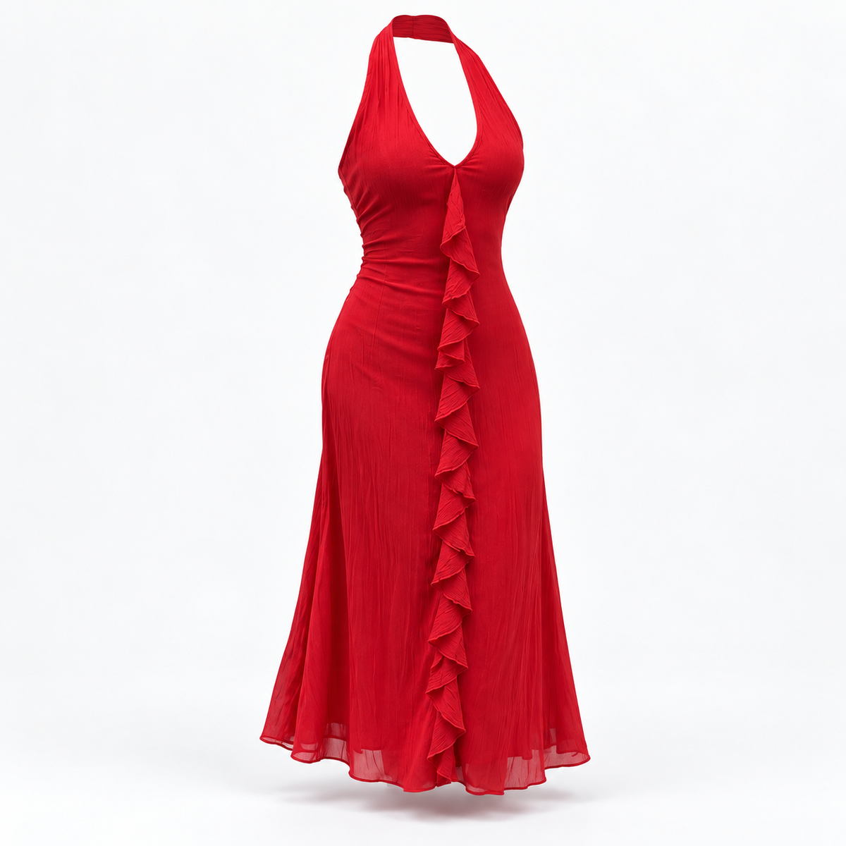Women's Halter Ruffle Midi Dress — Red — front45 view