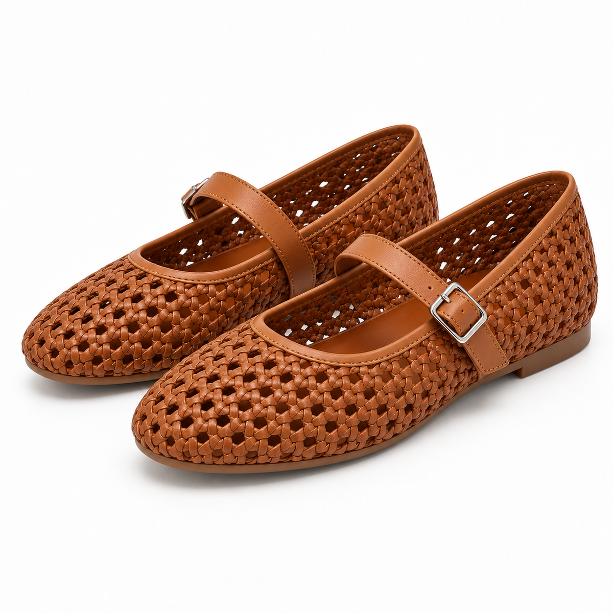 Women's Woven Buckle Mary Jane Flats — Brown — pair view