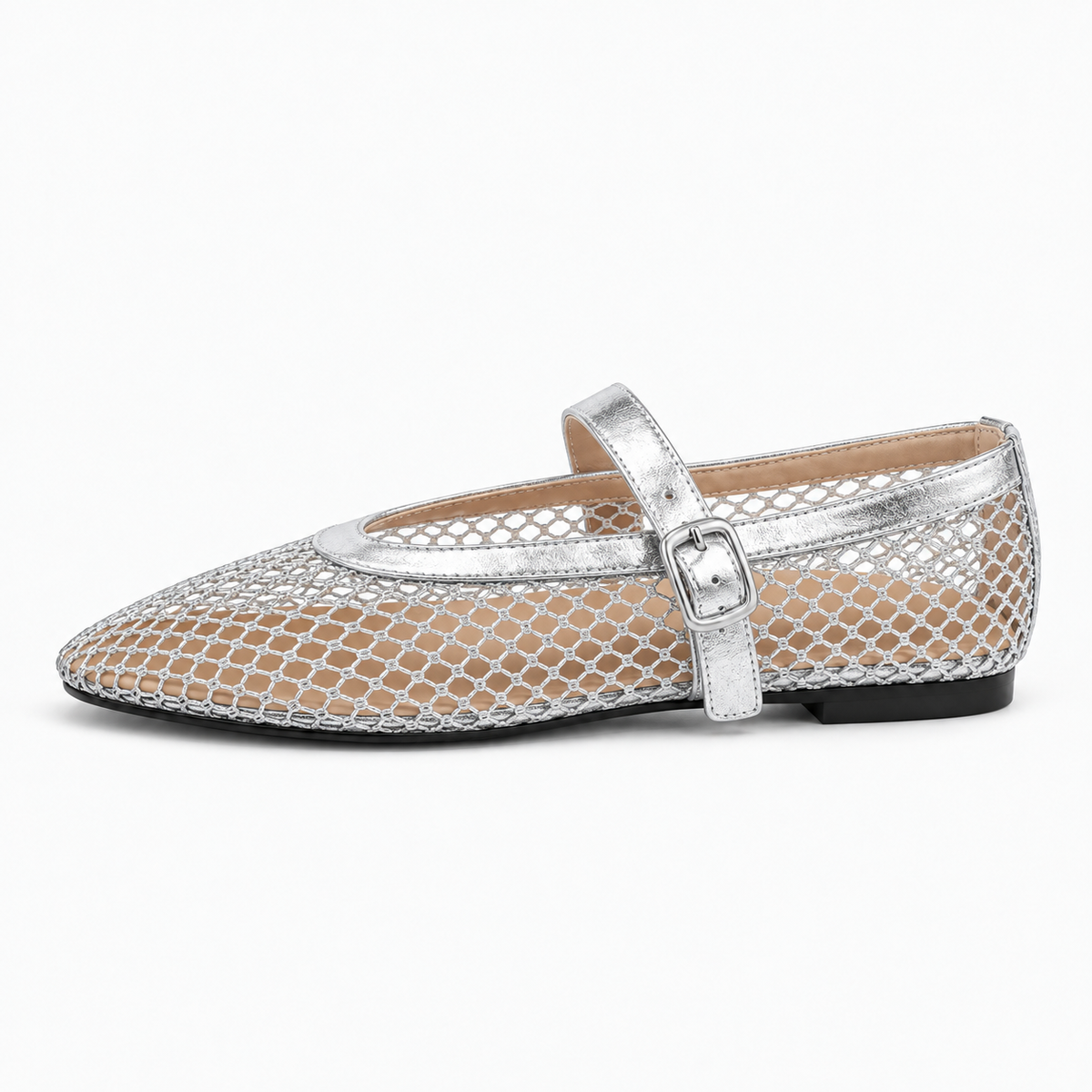 Women's Pointed Mesh Mary Jane Flats — Silver — front view