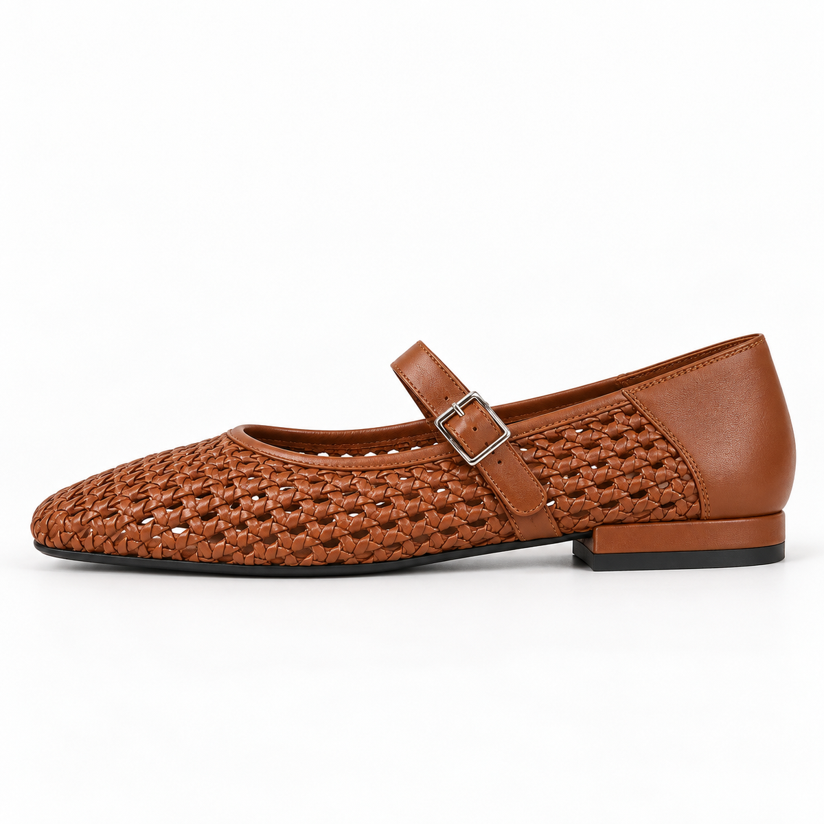 Women's Woven Square-Toe Mary Jane Flats — Brown — front view