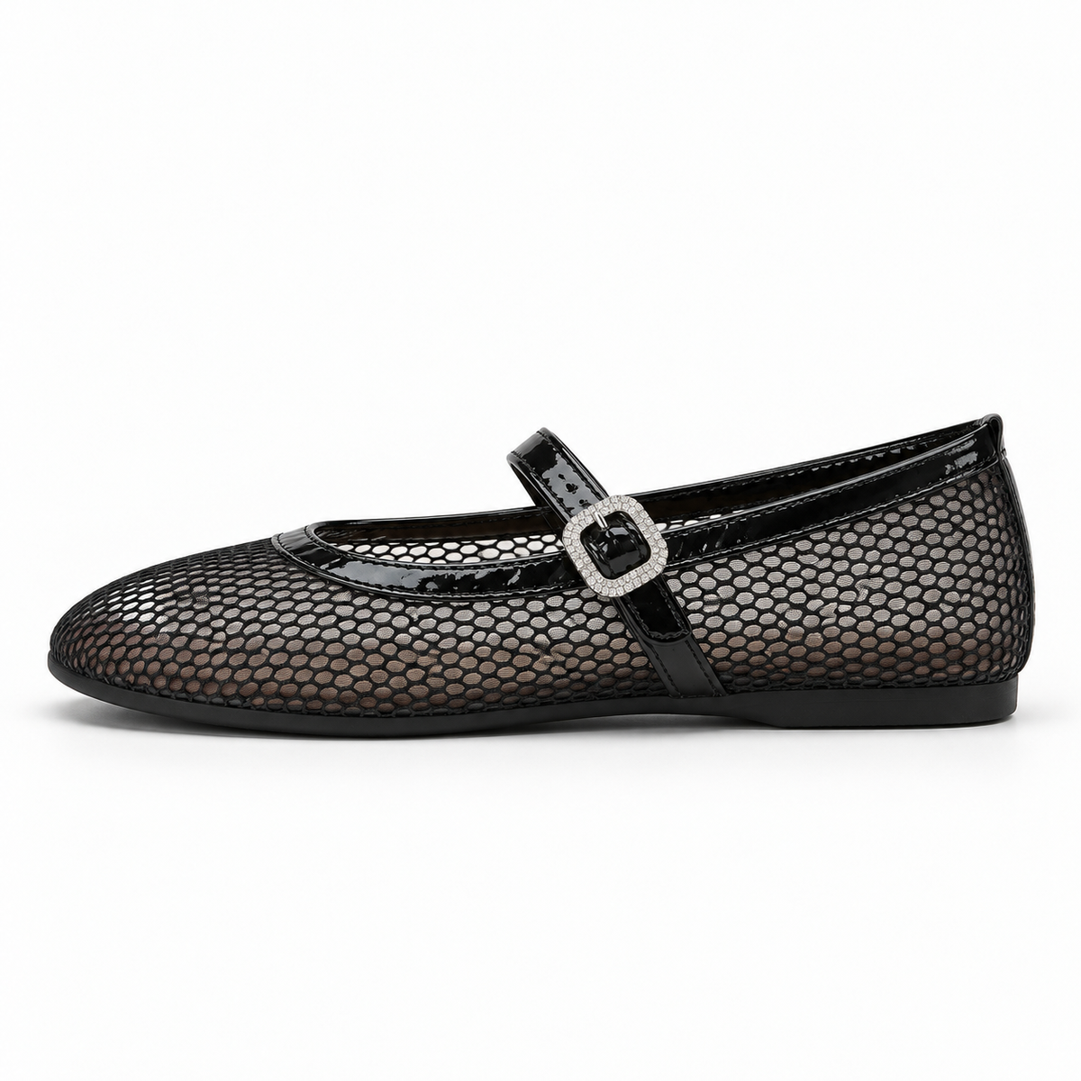 Women's Round-Toe Mesh Mary Jane Flats — Black — front view