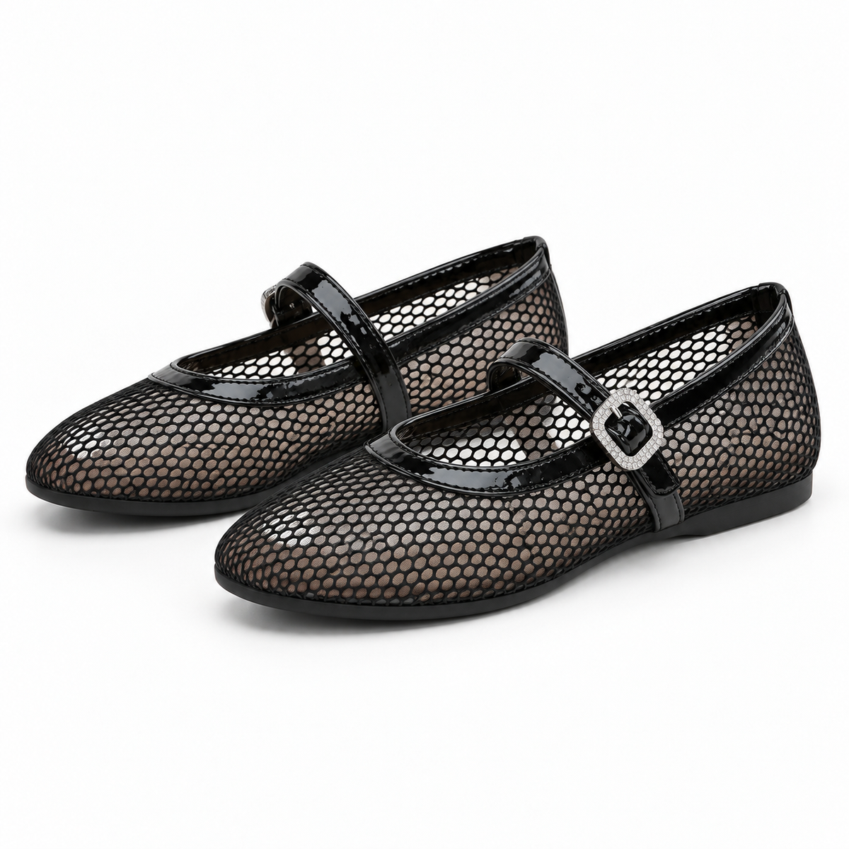 Women's Round-Toe Mesh Mary Jane Flats — Black — pair view