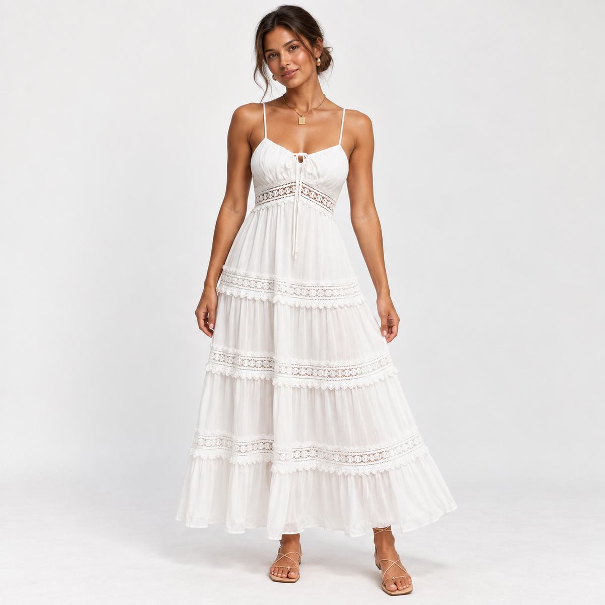 Lace-Trim Tiered Sundress — White — front view