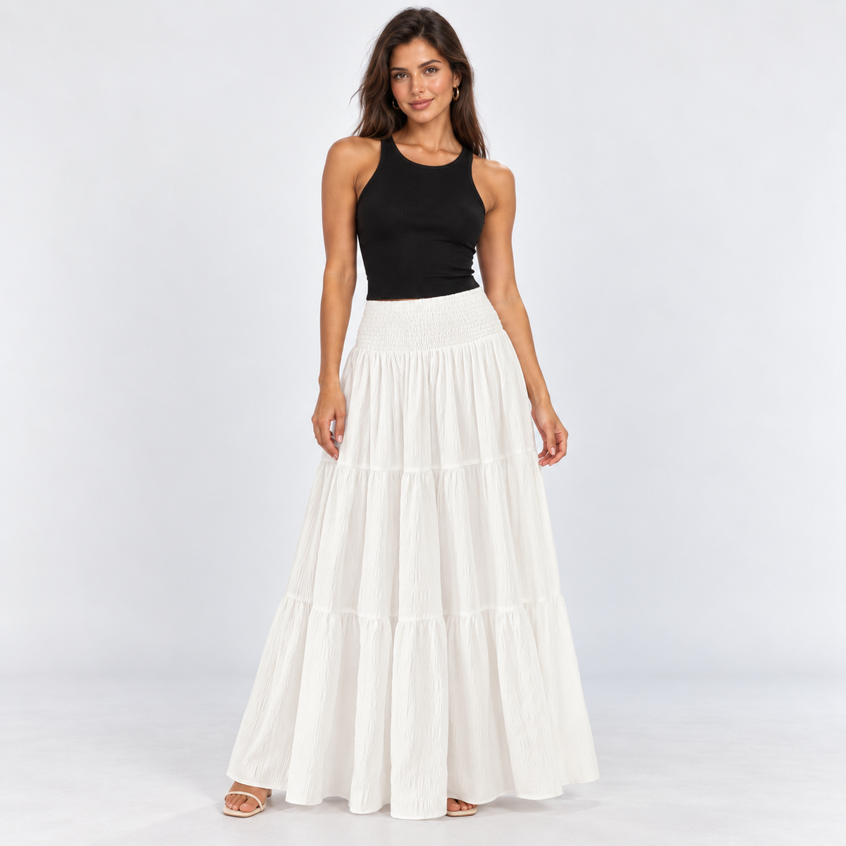 Elastic-Waist Tiered Maxi Skirt — White — front view