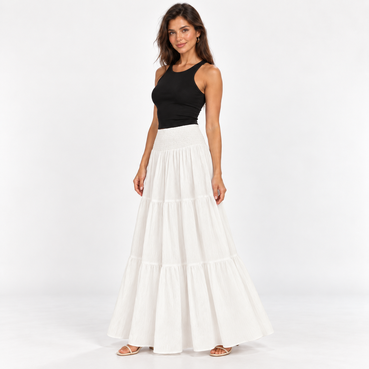 Elastic-Waist Tiered Maxi Skirt — White — front45 view