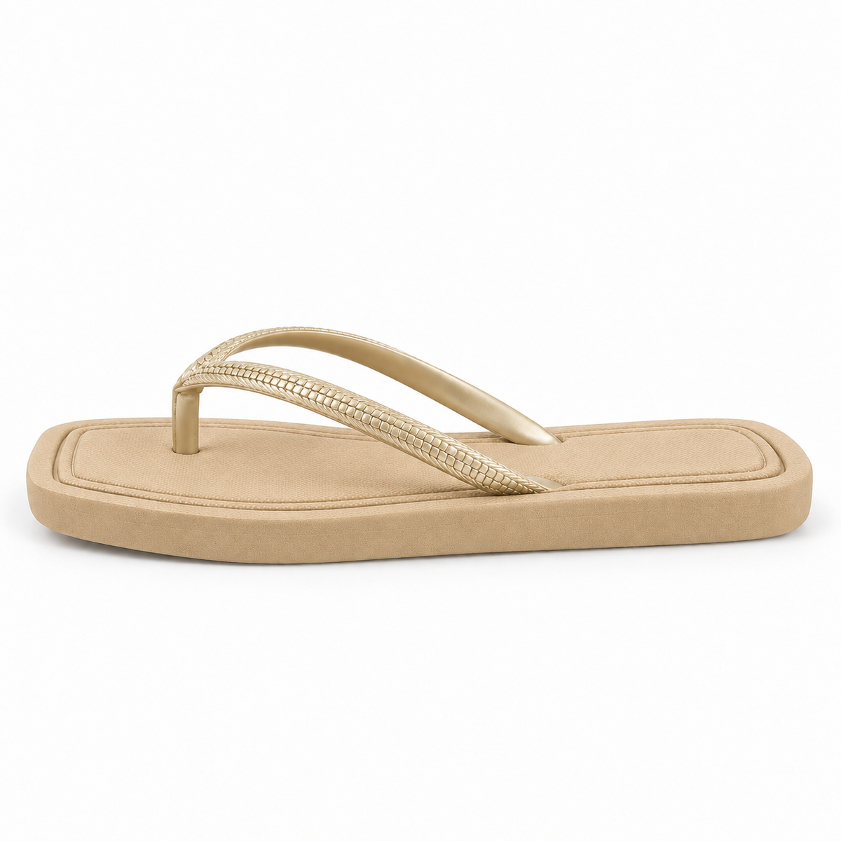 Square-Toe Flat Thong Sandals — Beige — front view