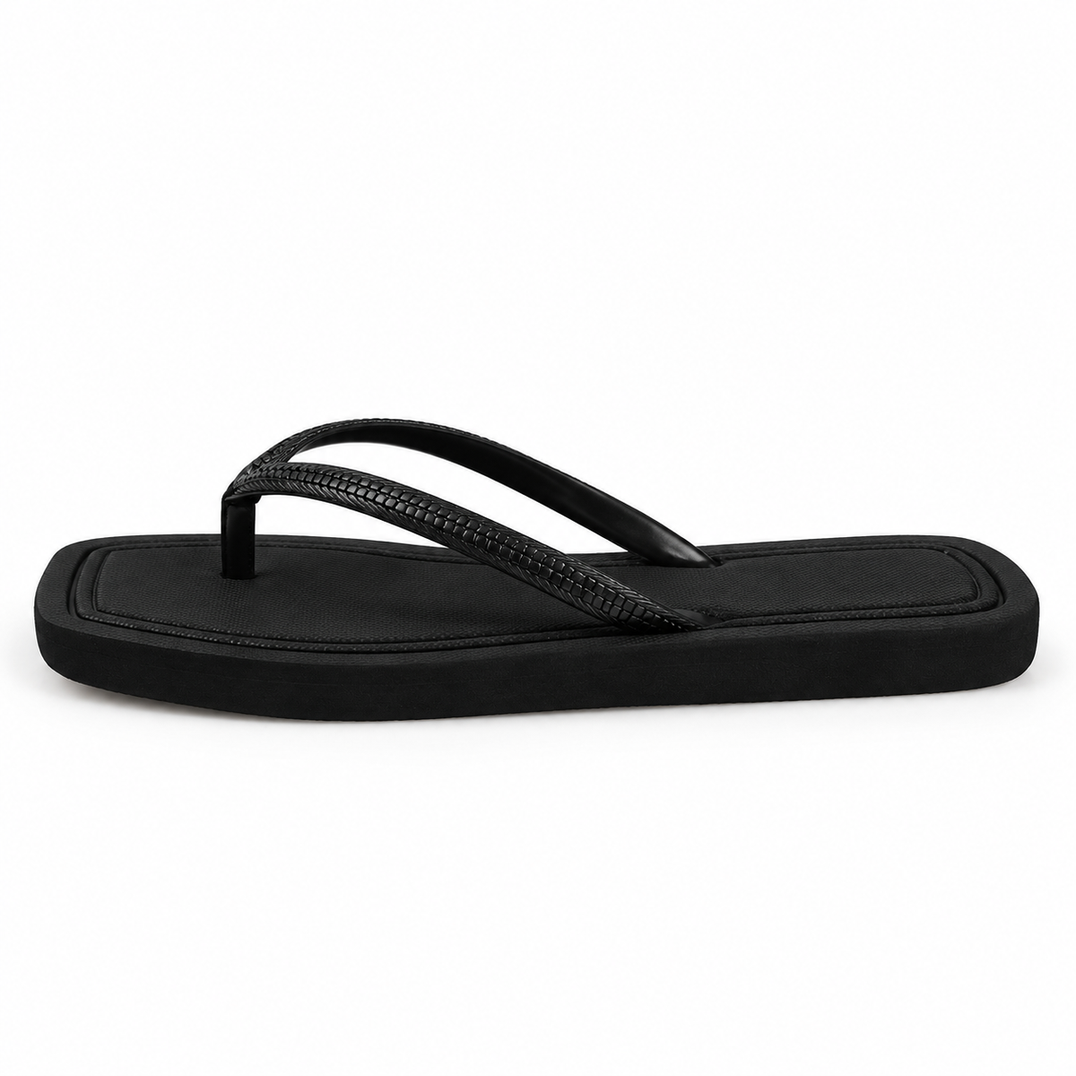 Square-Toe Flat Thong Sandals — Black — front view