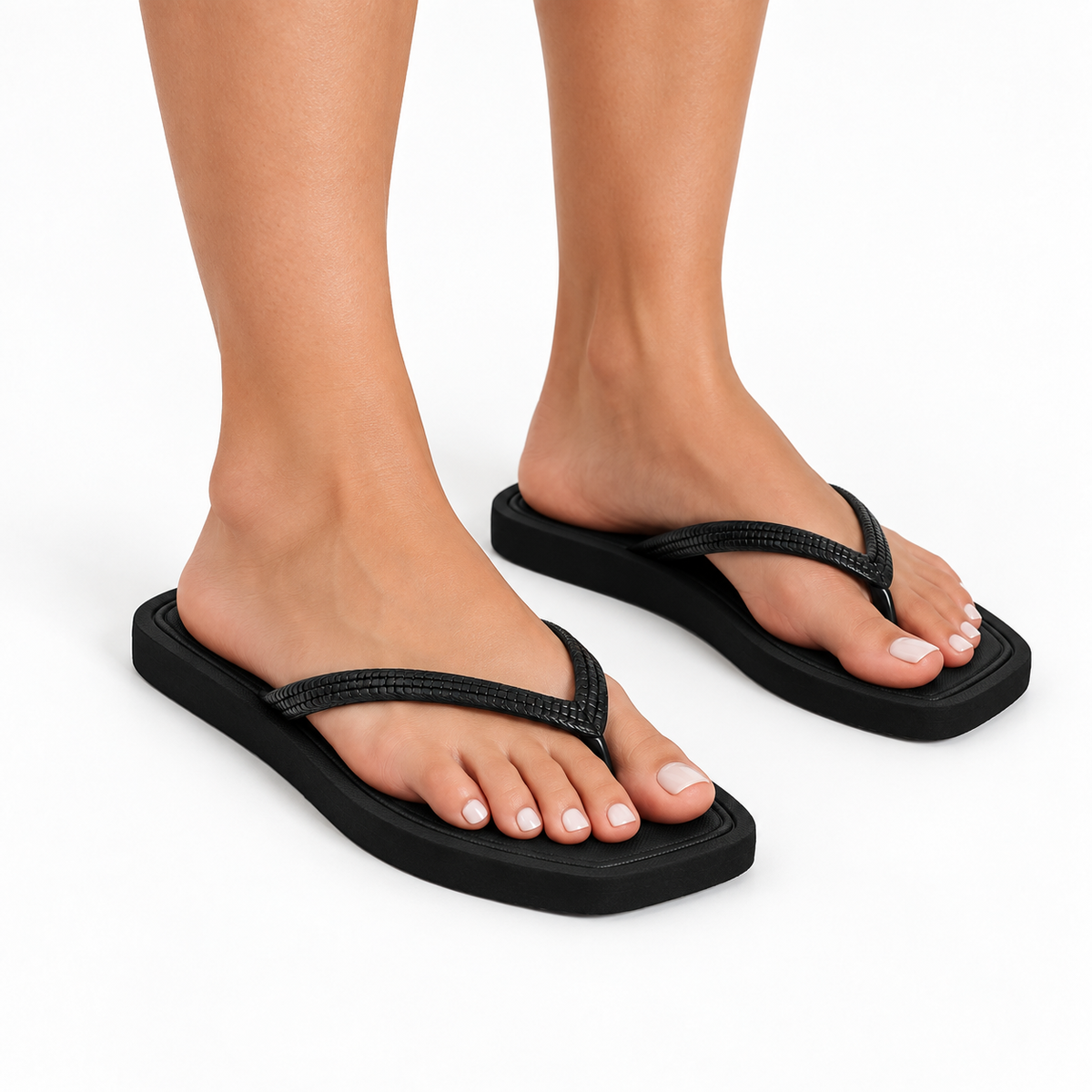 Square-Toe Flat Thong Sandals — Black — worn view