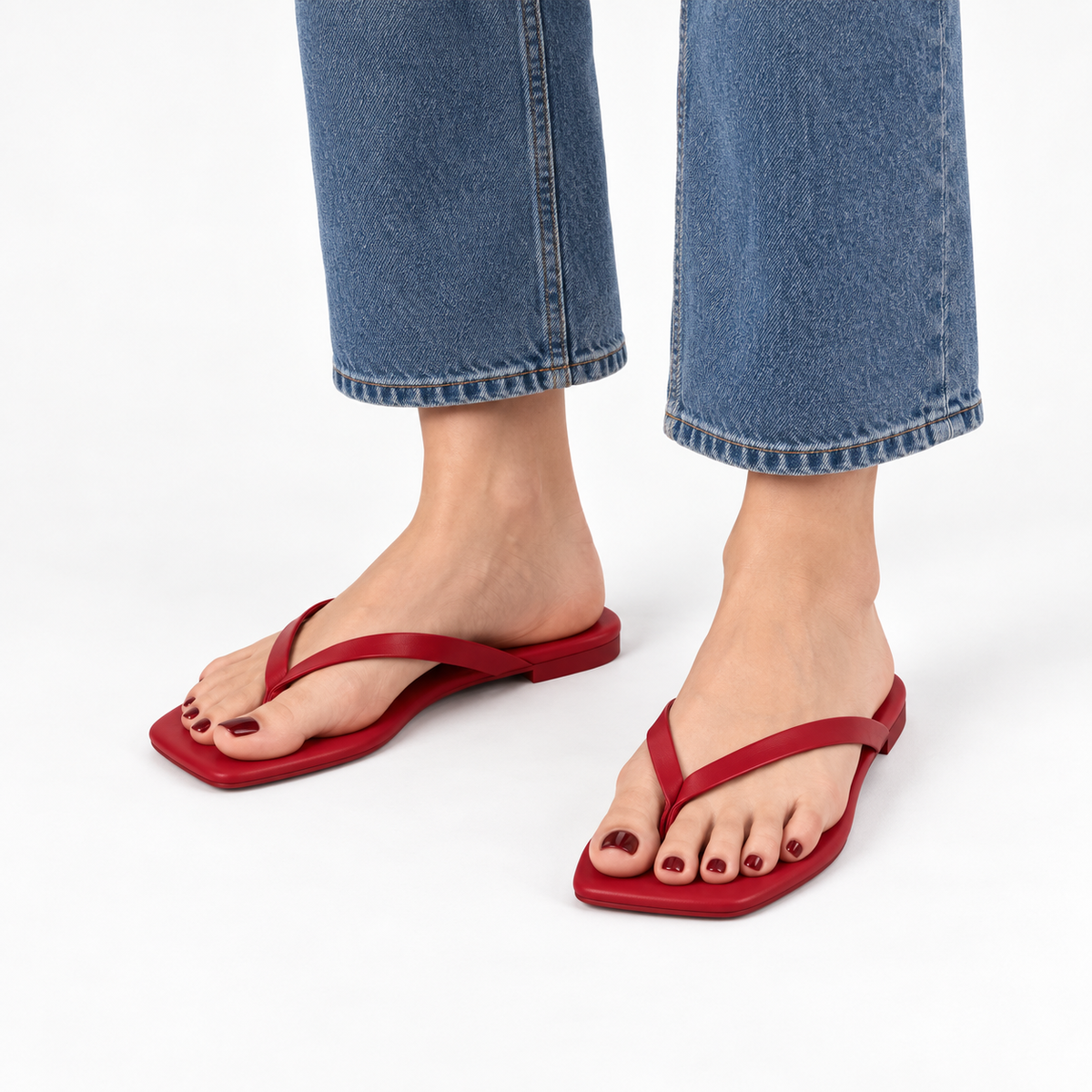 Slim-Strap Square-Toe Sandals — Red — worn view