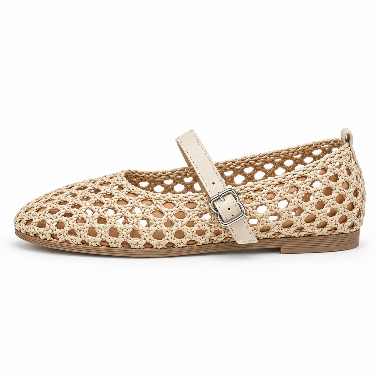 Woven Mary Jane Flats — Beige — front view