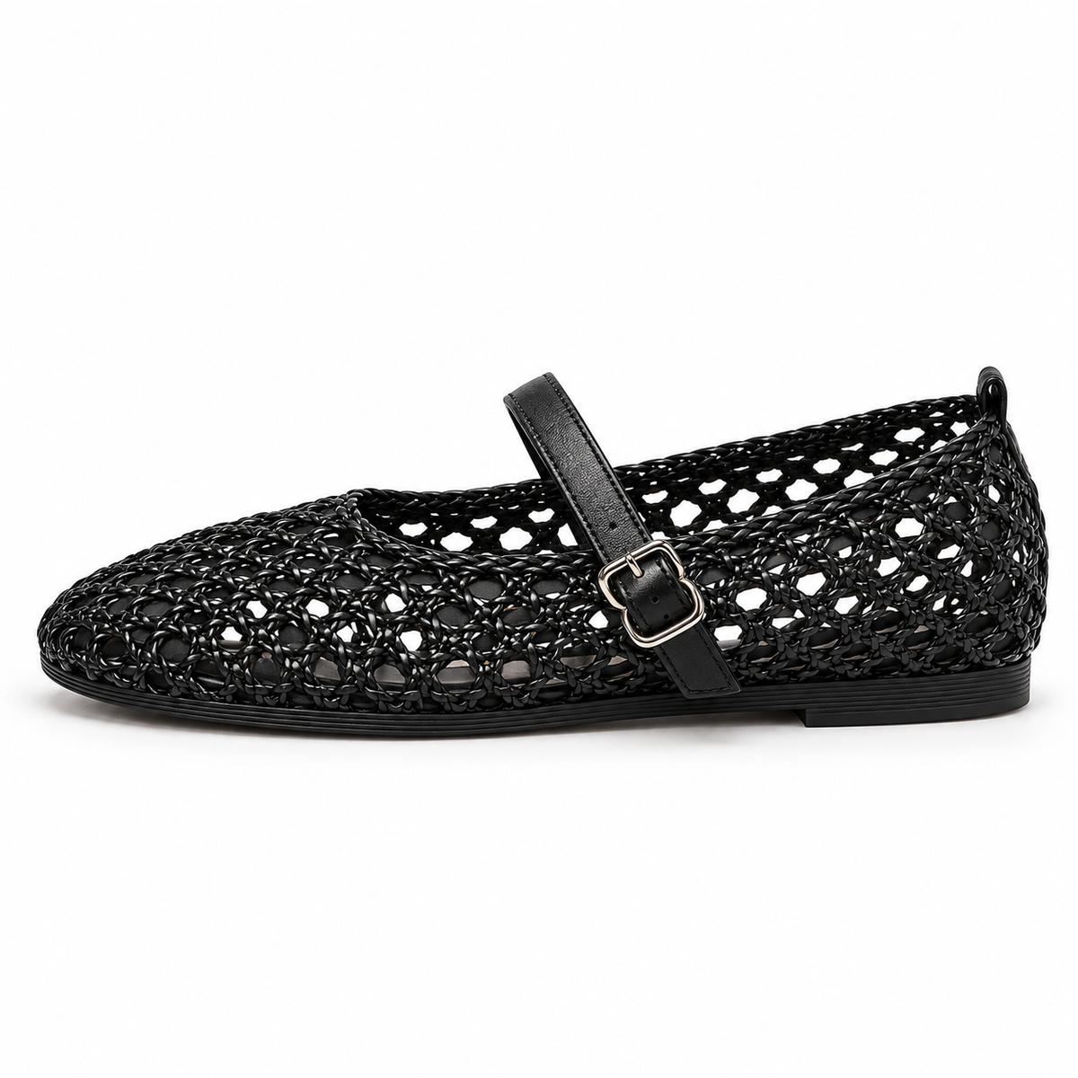 Woven Mary Jane Flats — Black — front view