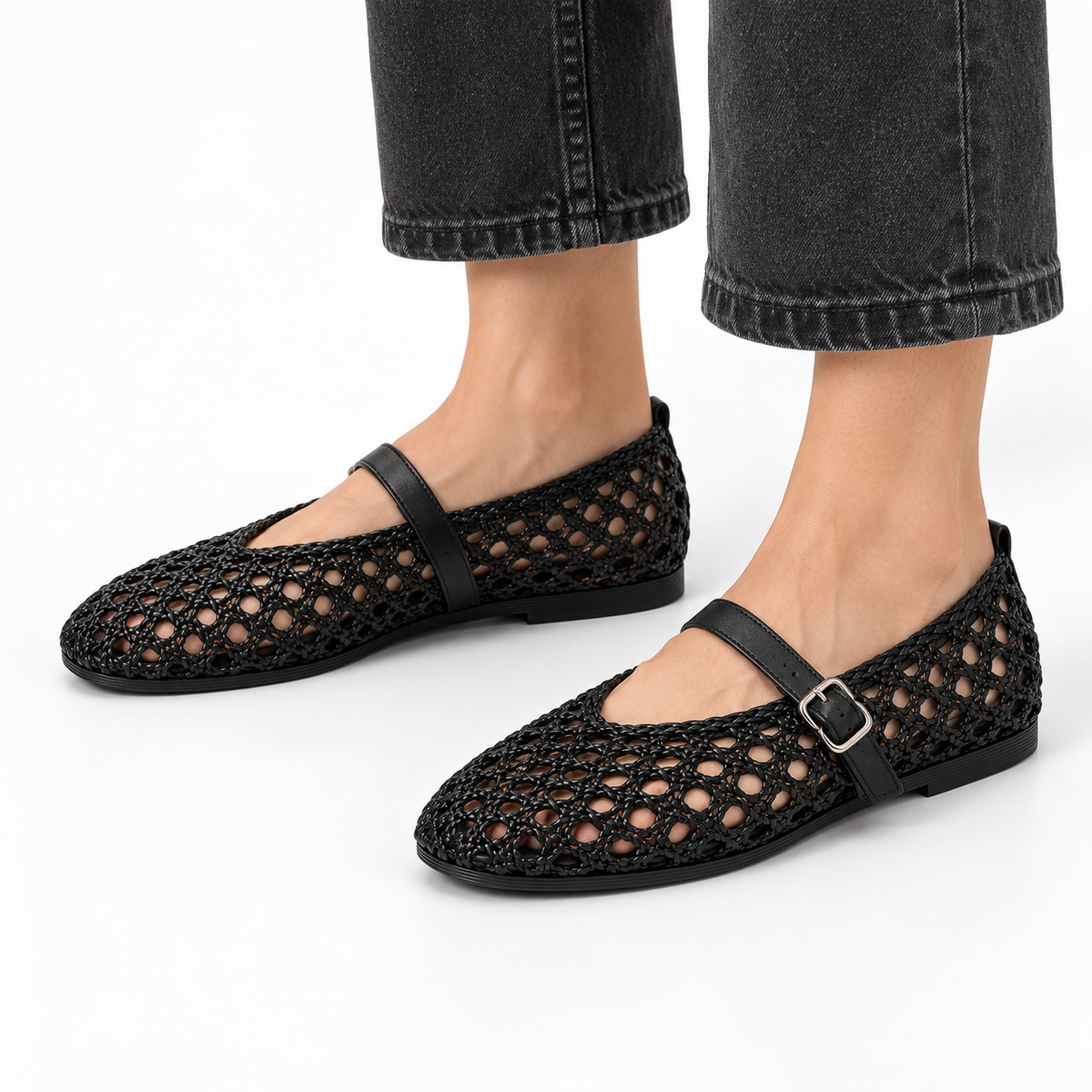 Woven Mary Jane Flats — Black — worn view