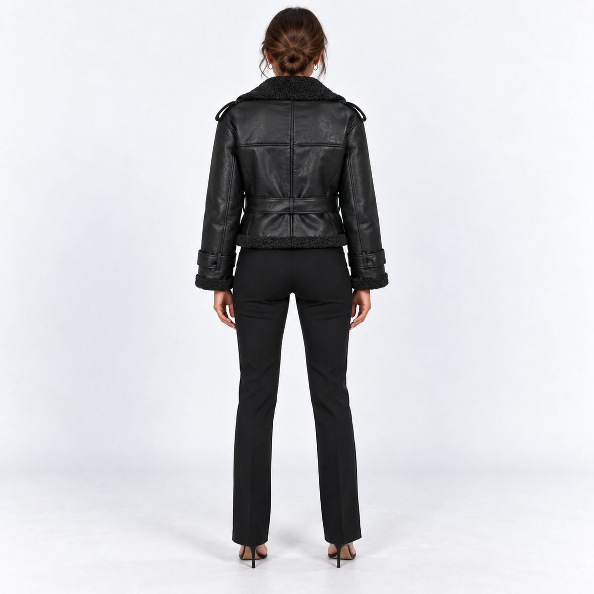 Belted Shearling-Trim Aviator Jacket — Black — back view