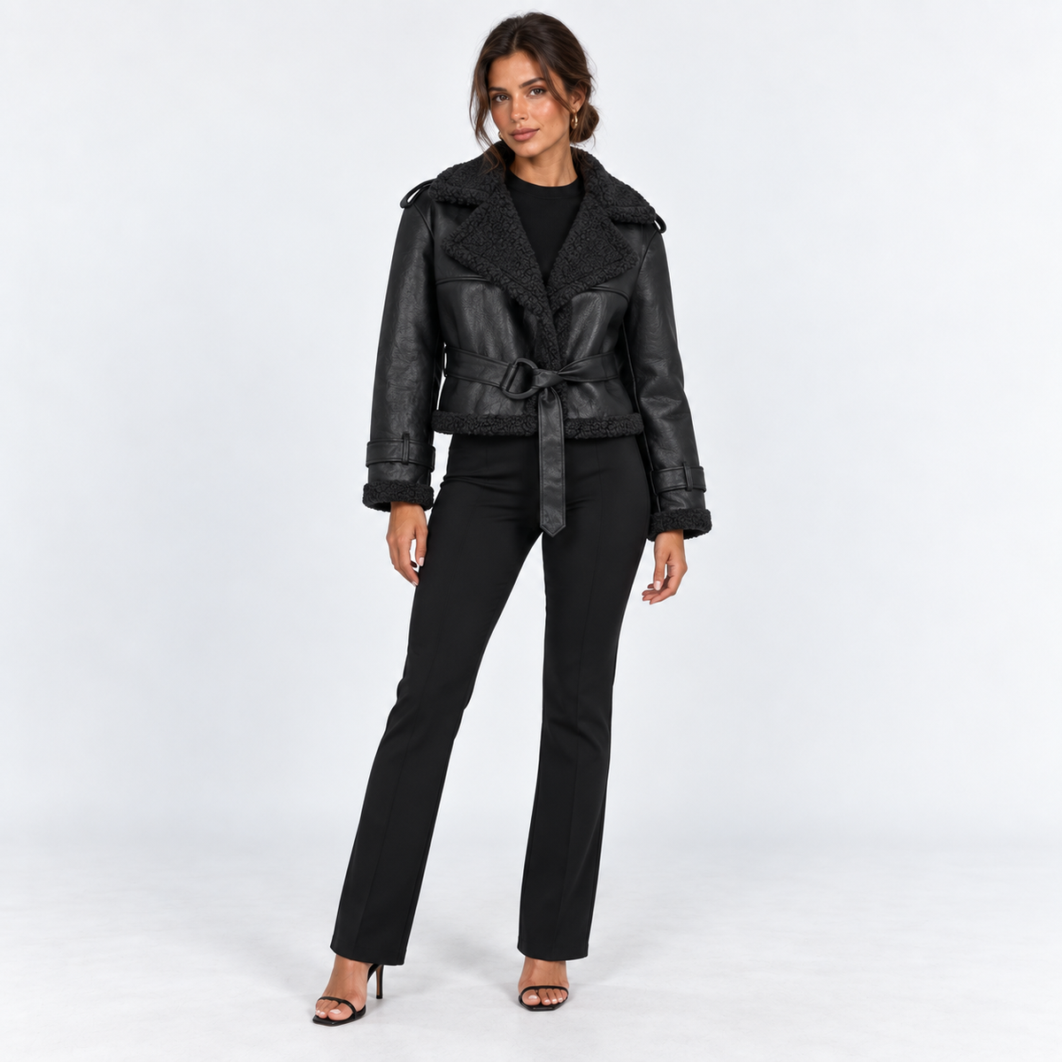 Belted Shearling-Trim Aviator Jacket — Black — front view