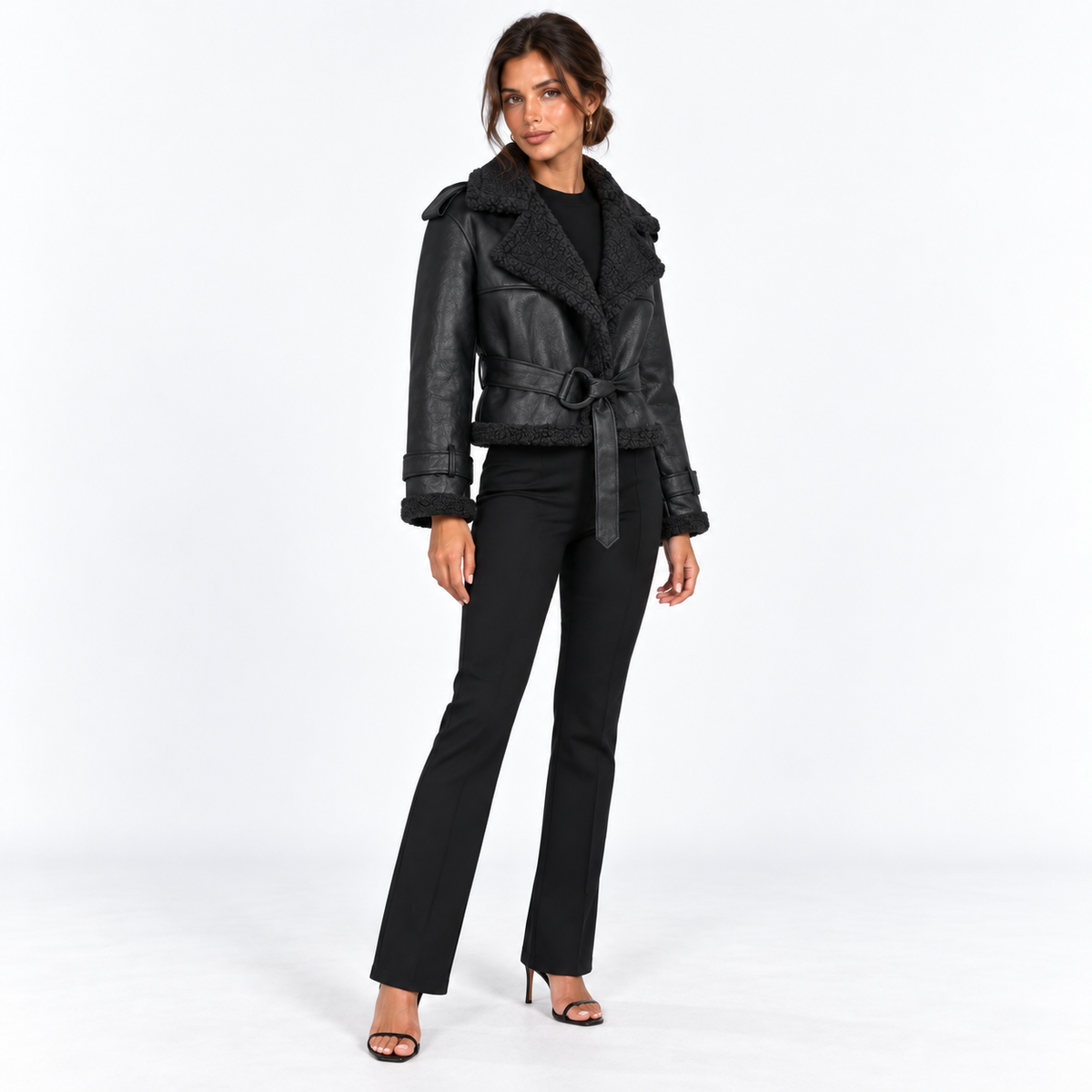 Belted Shearling-Trim Aviator Jacket — Black — front45 view