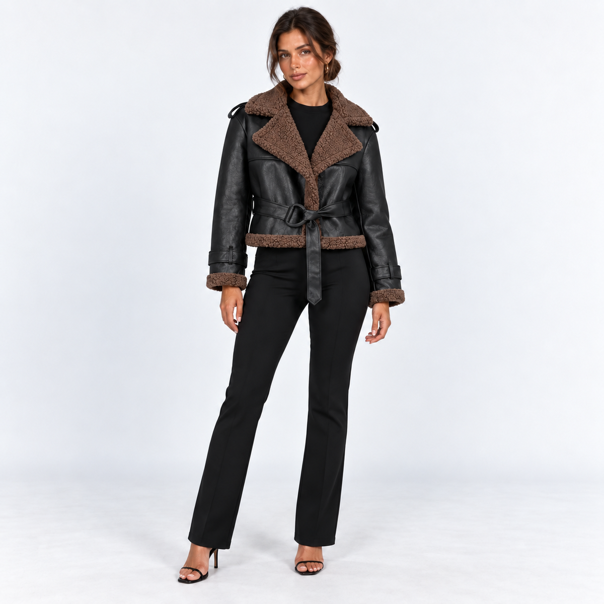 Belted Shearling-Trim Aviator Jacket — Brown — front view