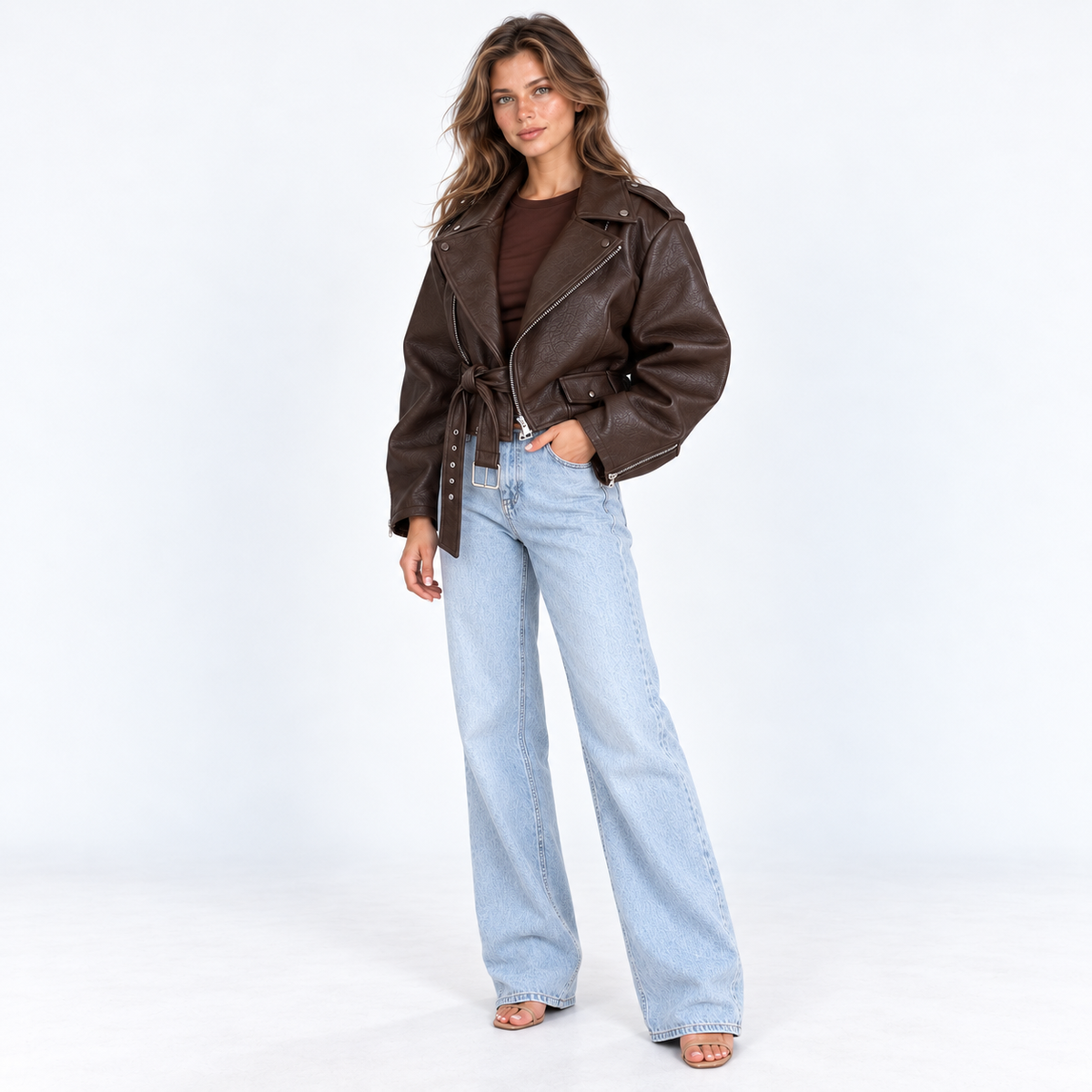 Oversized Cropped Biker Jacket — Brown — front45 view