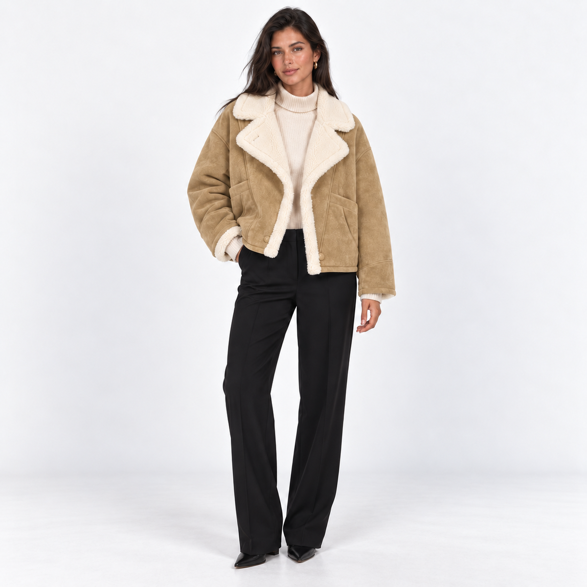 Contrast-Trim Faux Shearling Jacket — Beige — front view