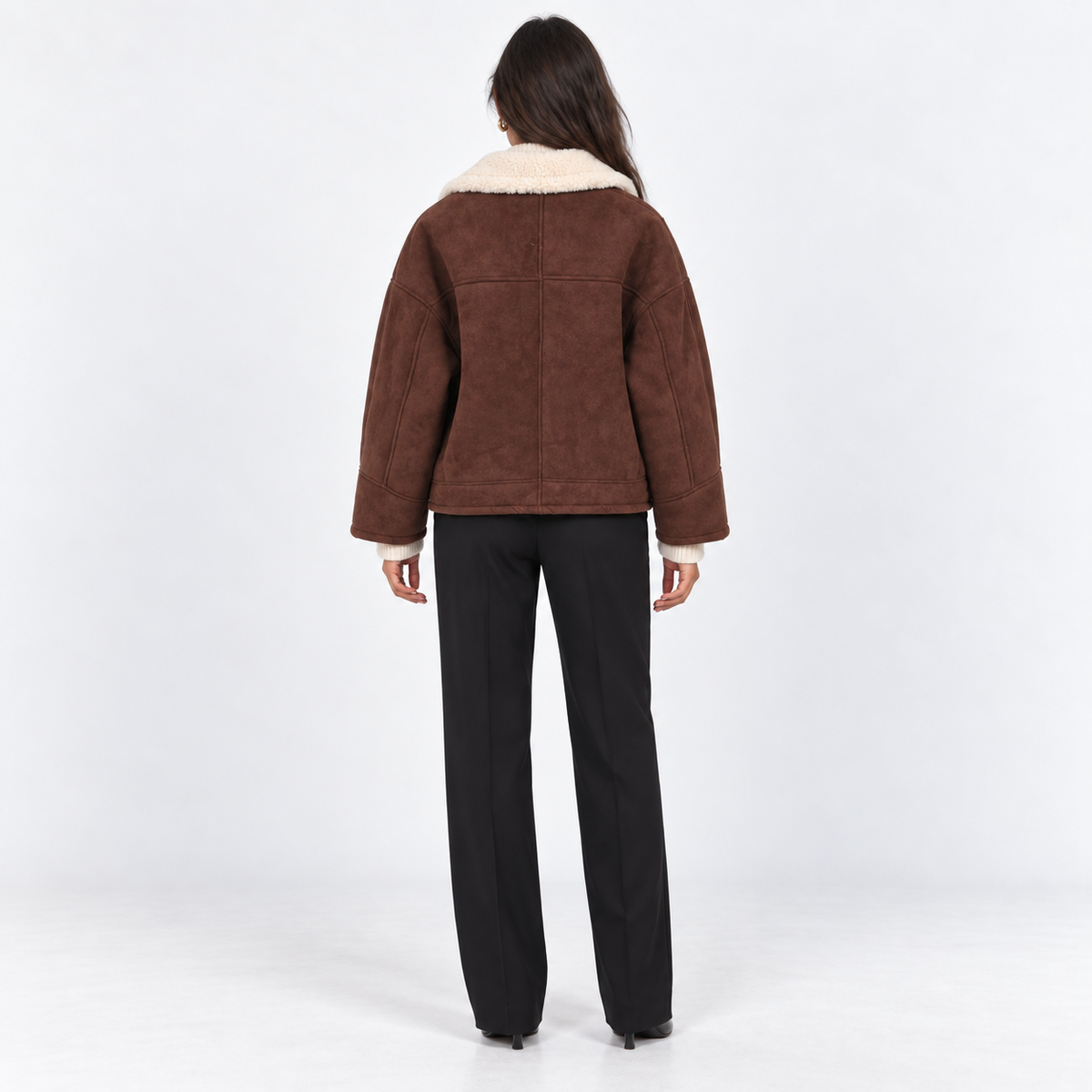 Contrast-Trim Faux Shearling Jacket — Brown — back view