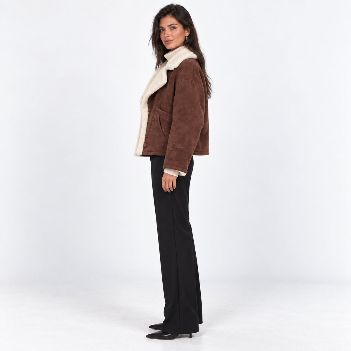 Contrast-Trim Faux Shearling Jacket — Brown — side view