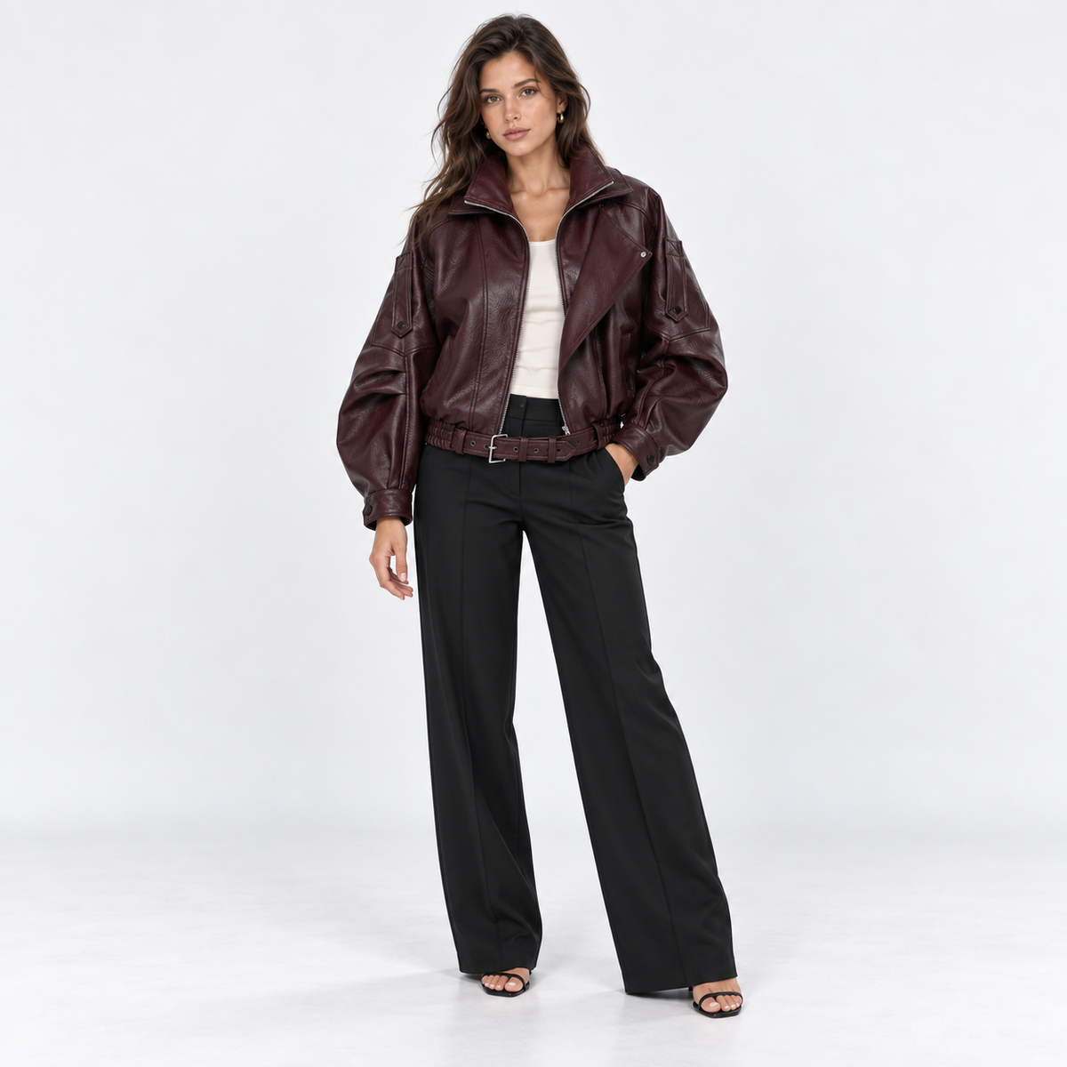 Belted Faux Leather Bomber Jacket — Burgundy — front view