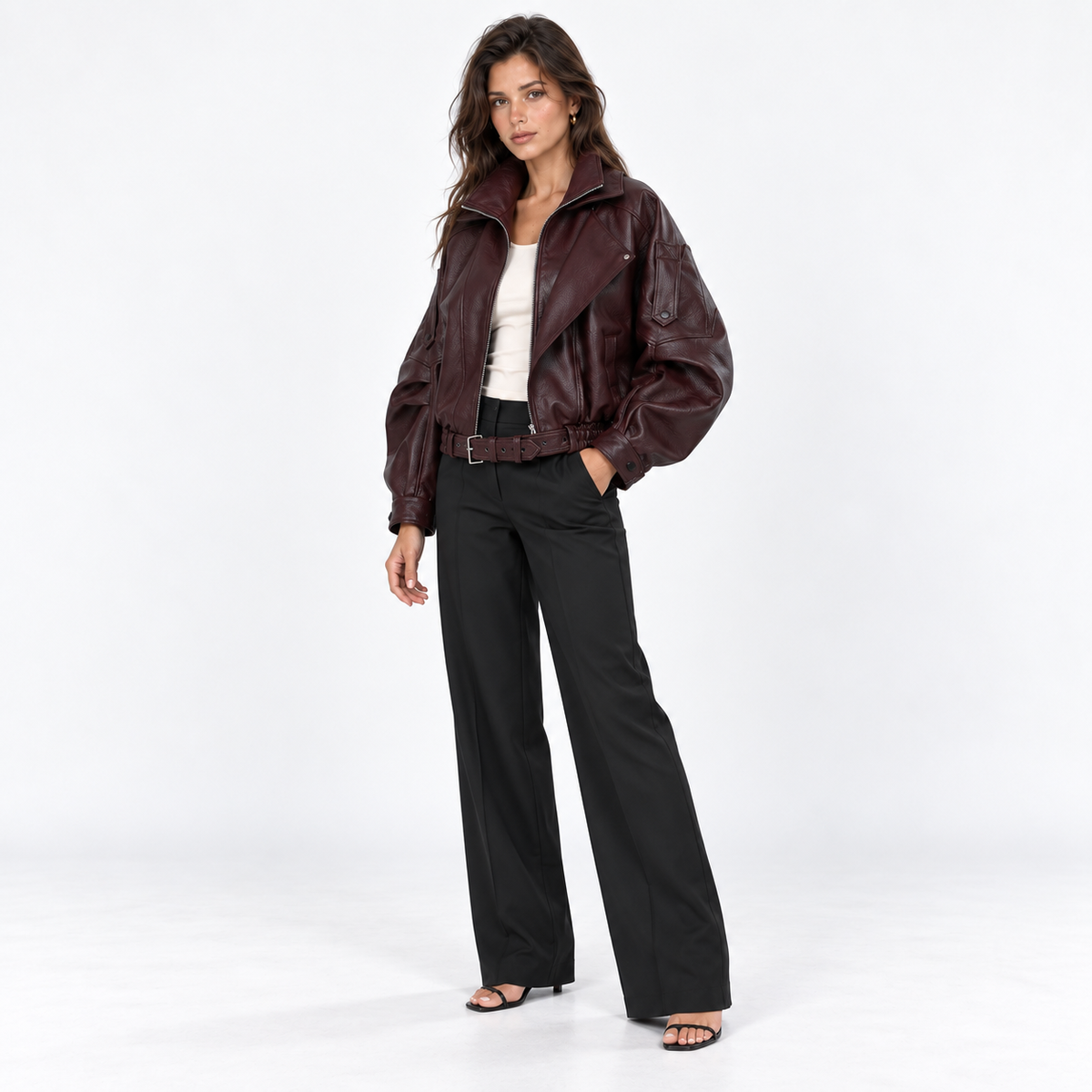 Belted Faux Leather Bomber Jacket — Burgundy — front45 view