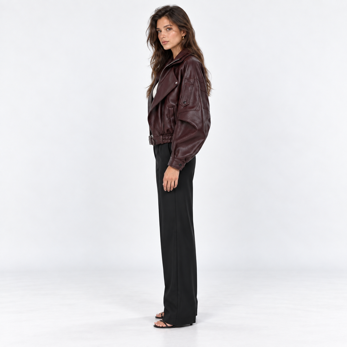 Belted Faux Leather Bomber Jacket — Burgundy — side view