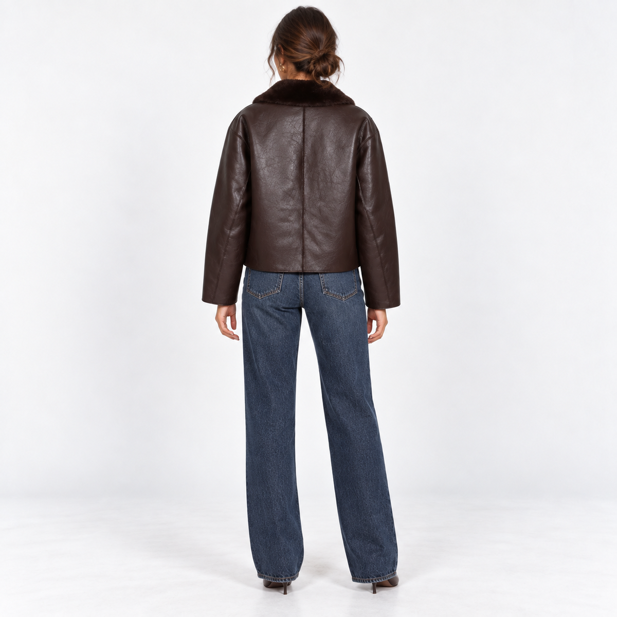 Reversible Faux Fur Jacket — Chocolate — back view