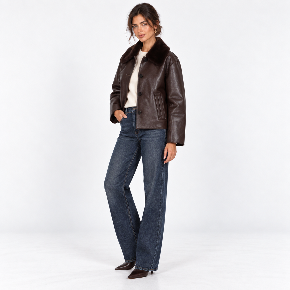 Reversible Faux Fur Jacket — Chocolate — front45 view